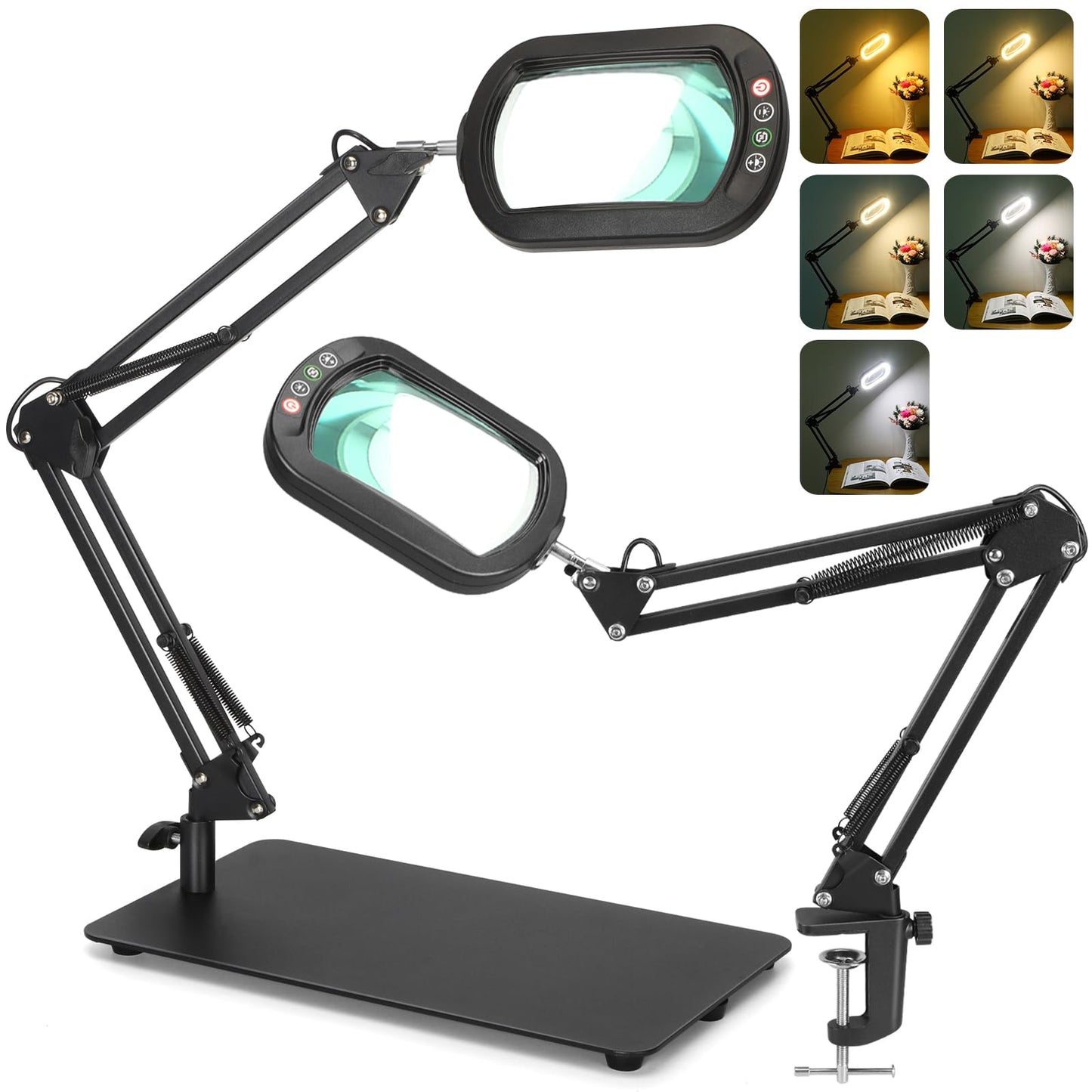 12X Rectangle Magnifying Glass with Light and Stand, 5 Color Modes Stepless Dimmable, 2-in-1 LED Desk Lamp with Clamp, Hands Free Lighted Magnifier for Reading Crafts Repair Painting Close Work