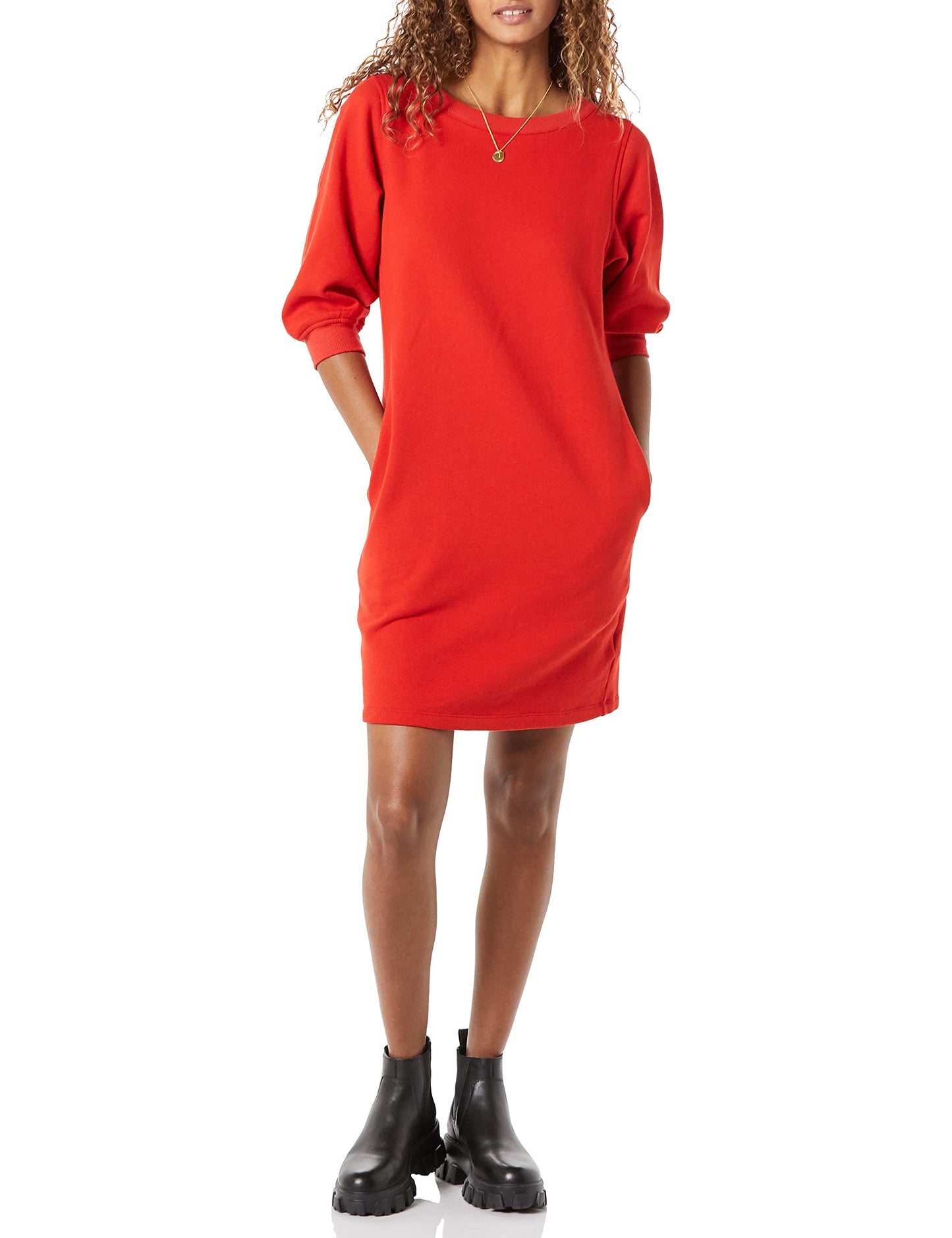 Amazon Essentials Women's Fleece Blouson Sleeve Crewneck Sweatshirt Dress (Available in Plus Size), Red, Large
