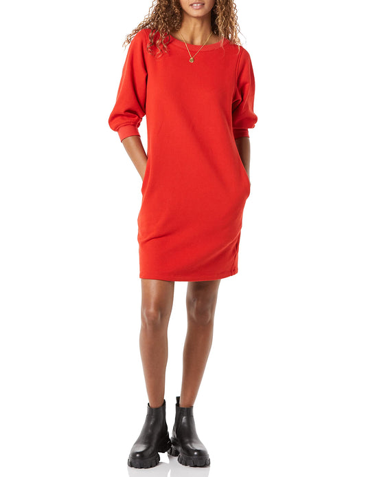 Amazon Essentials Women's Fleece Blouson Sleeve Crewneck Sweatshirt Dress (Available in Plus Size), Red, Large