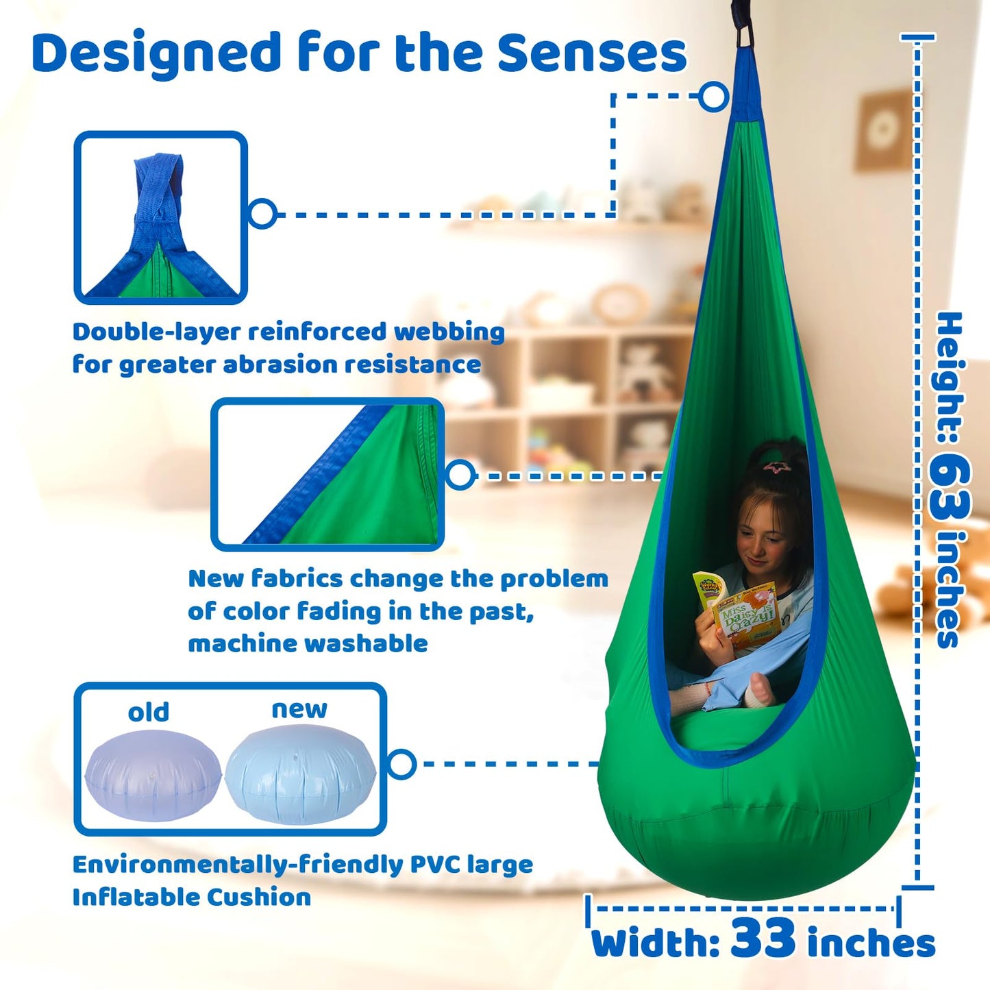 HiCamer Sensory Swing for Kids Indoor and Outdoor Pod hammock Chair Seat Upgrade Max 300 lbs Hanging Swing with Inflatable Cushion Includes Hardware Hanger Kit for Aspergers Autism ADHD (Green)