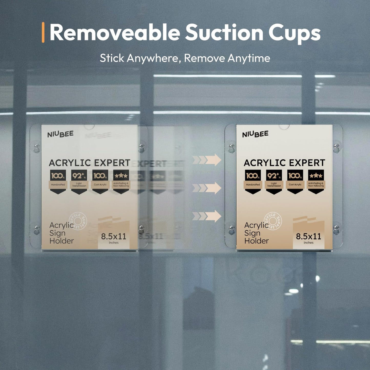 NIUBEE Acrylic Window Sign Holder with Suction Cups 8.5 X 11, Clear Acrylic Frames Glass Door Mount, Displaying Flyers, Notices and Menus, for Office, Store, Home, Restaurant (6 Pack)