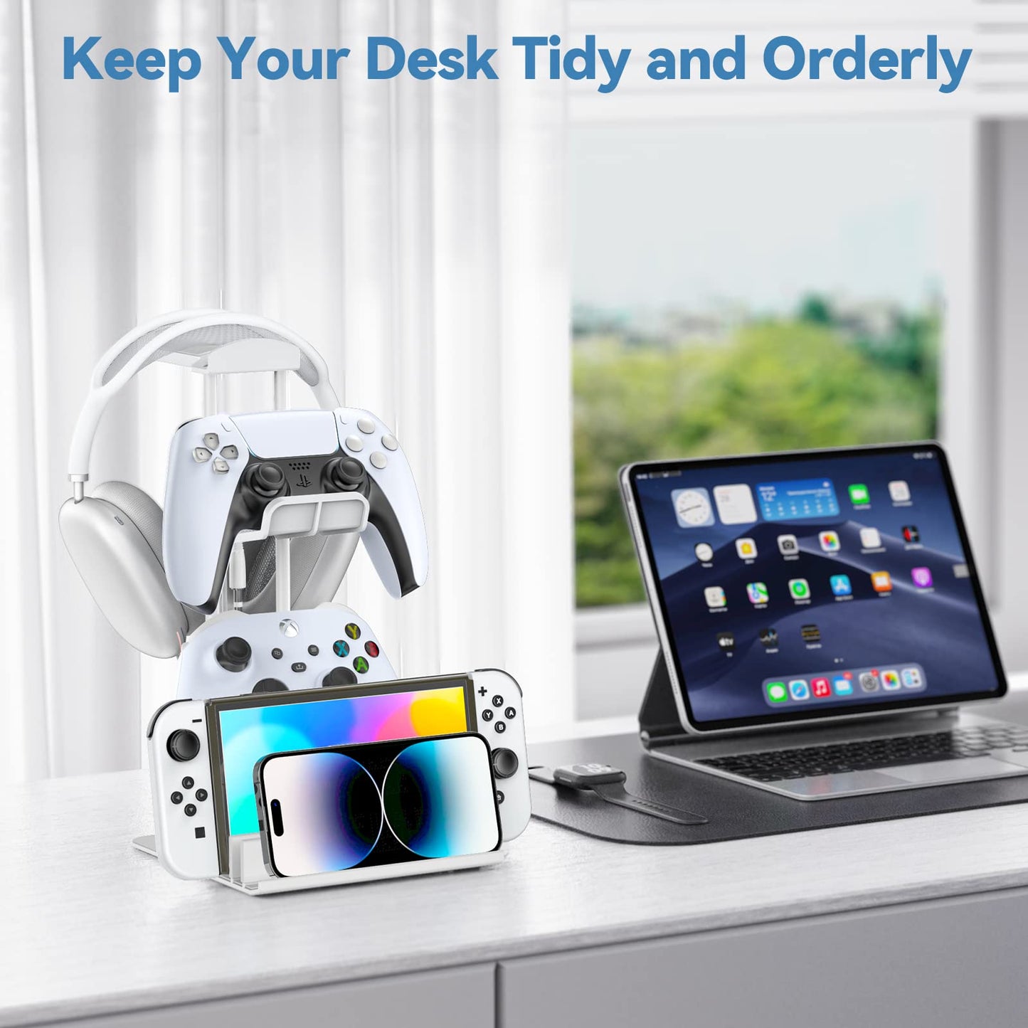 KDD Headphone Stand, Game Controller Holder & Headset Holder for Desk, Earphone Stand with Aluminum Supporting Bar, Universal Storage Organizer Headphones/Controller/Switch/iPad/Mobile Phone(White)