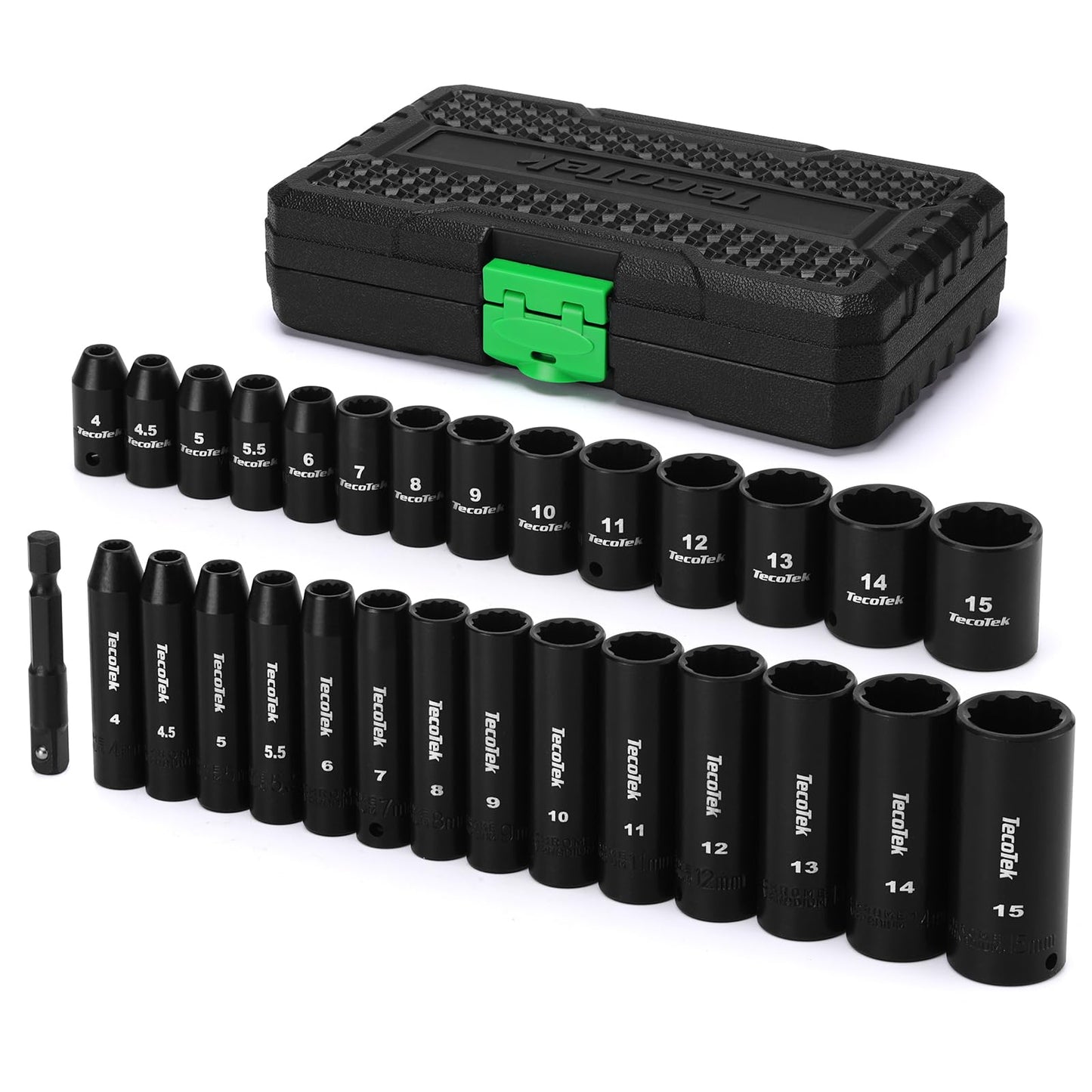 TecoTek 29 Pieces 1/4-Inch Drive Shallow and Deep 12-Point Impact Socket Set, CR-V, 4-15mm Metric, 1/4"-1/4" Drill Adapter