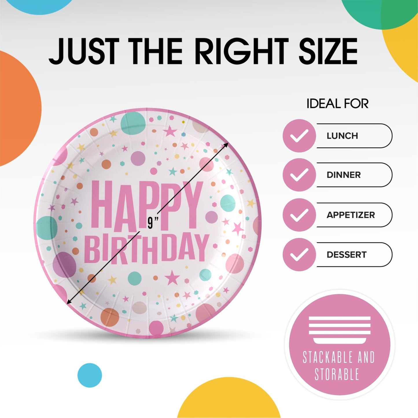 Exquisite Party Solids 9" Pink Happy Birthday Plates Paper Party Plates Disposable Heavy Duty 50 Pcs 350 GSM for Birthday Decorations