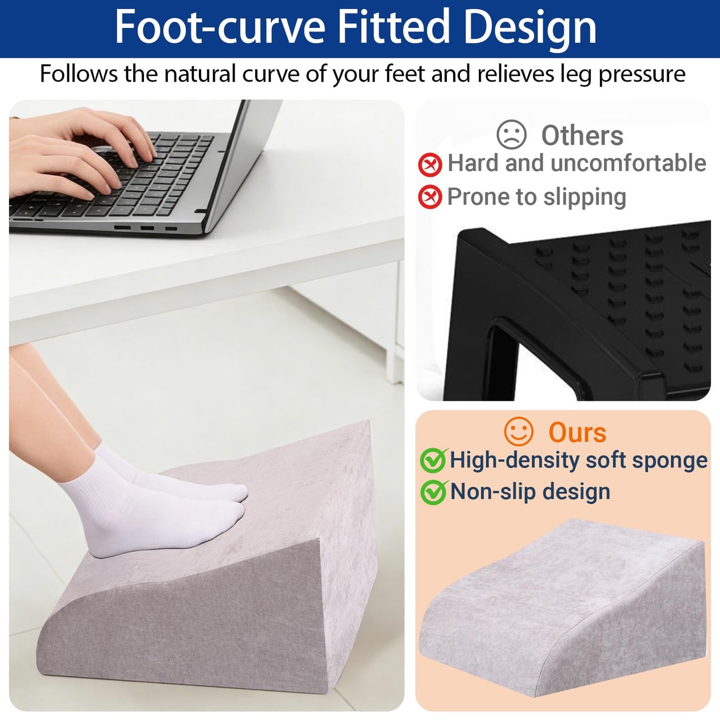 Opuvidity Foot Rest for Under Desk at Work, Ergonomic Under Desk Footrest with Washable Cover for Office, Home & Gaming Leg Elevation Pillow Light Gray