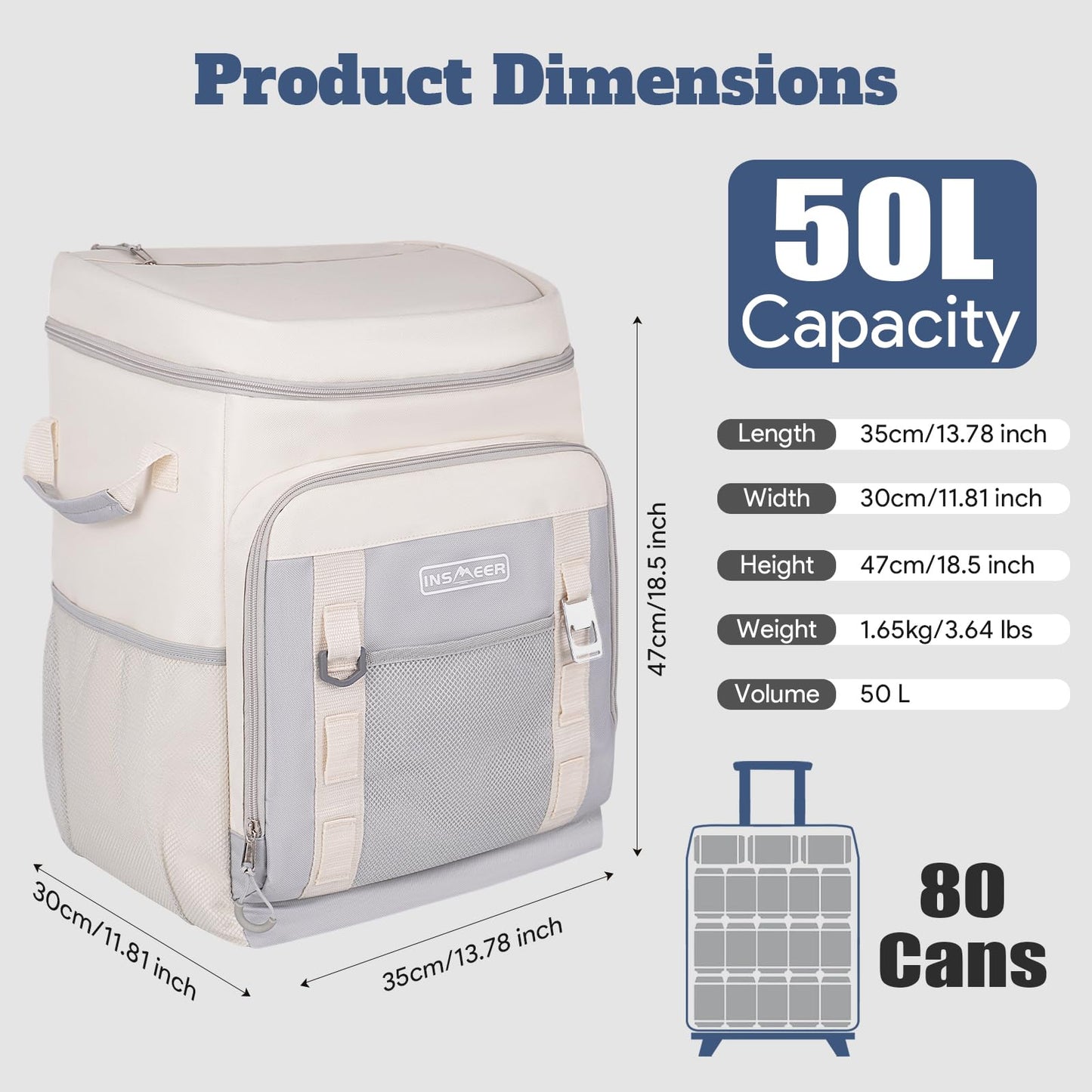 INSMEER Cooler with Wheels and Handle, 80 Cans/50L, Portable Rolling Coolers, 2-in-1 Collapsible Trolley Cart, Large Coolerbag for Grocery Shopping