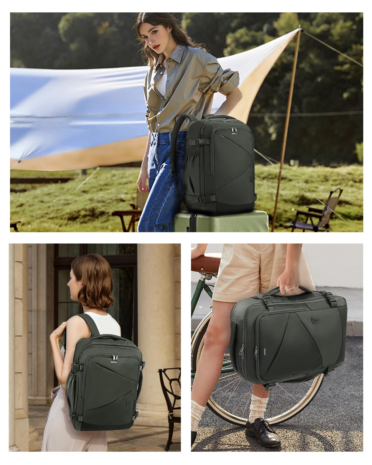 ECOHUB Travel Backpack for Men Women, Expandable Large Carry On Backpacks Essentials with Wet Pocket Cable Slot Water Resistant 12 Pockets 30L Travel Work Green