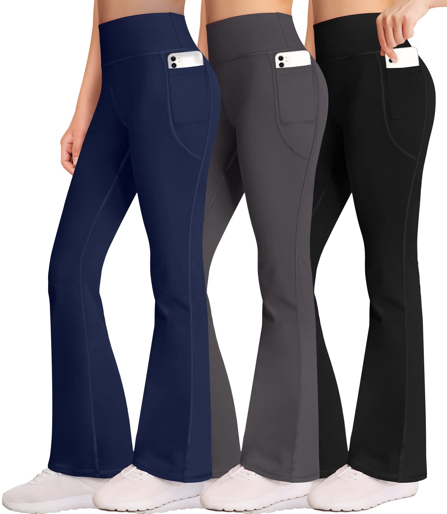 AENLLEY Girl Yoga Flare Wide Leg Tummy Control Stretchy Pants for Causal with Pockets 3 Pack, Black/Grey/Navy, X-Large
