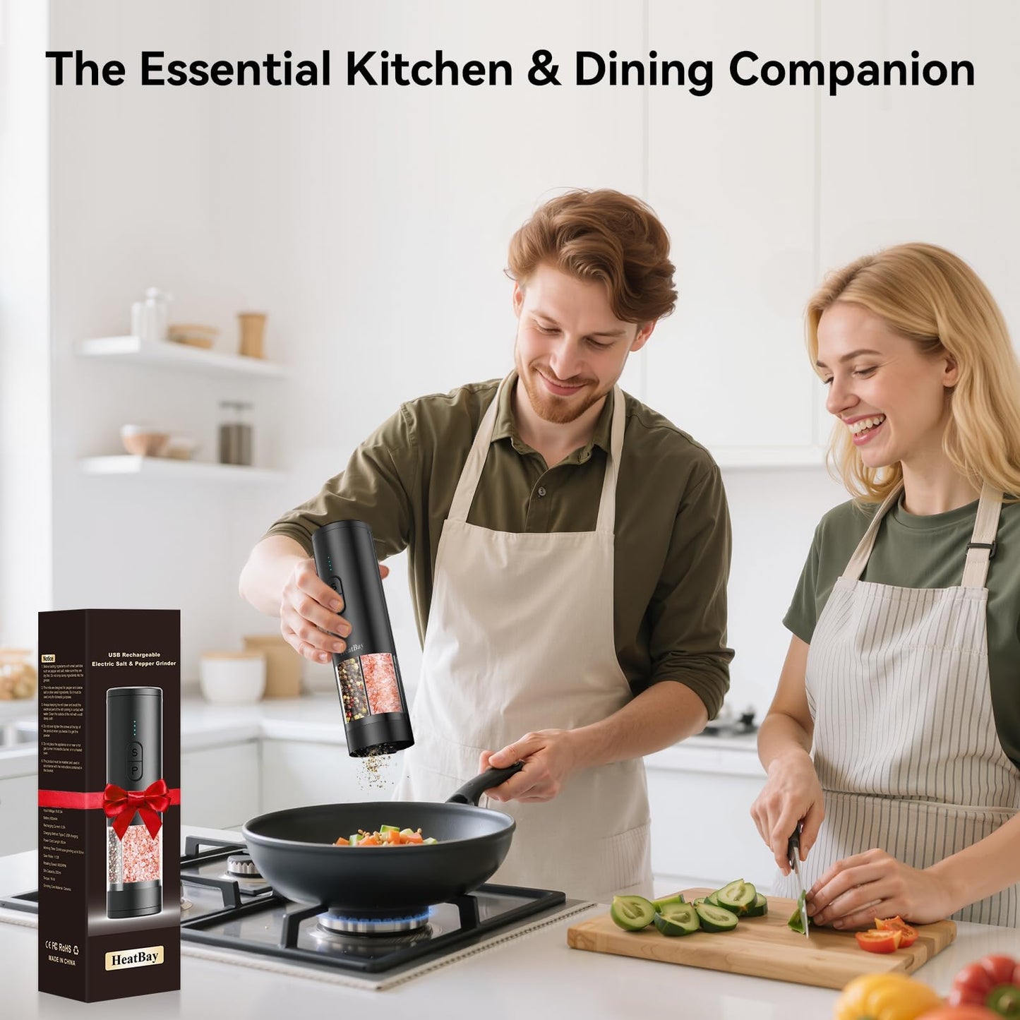 HeatBay 2 in 1 Electric Salt and Pepper Grinder Set, USB Rechargeable, Automatic Salt and Pepper Mill Shakers with Battery Display, LED Light, Adjustable Coarseness(Black)