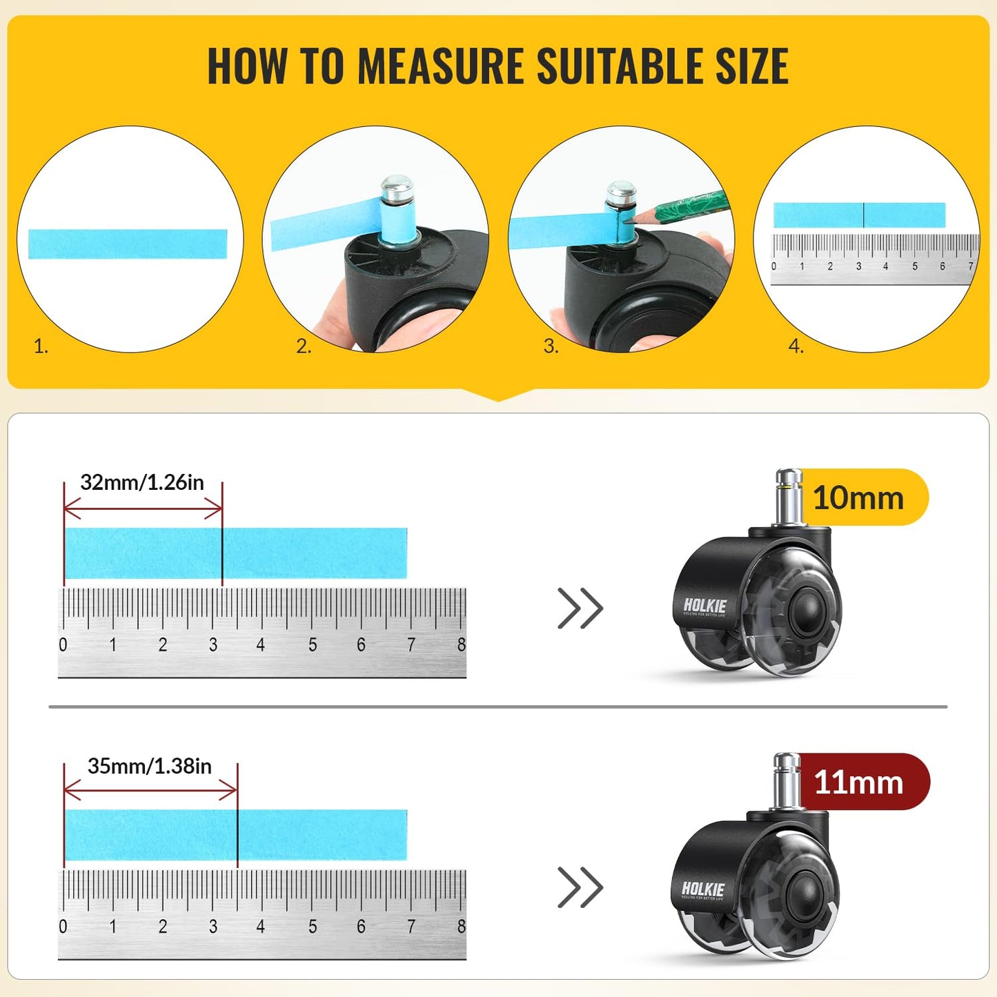 HOLKIE Office Chair Wheels Replacement 11x22mm Universal Fit 2 Inch Casters 10 Pack Grey Dual Rubber Smooth & Quiet Rolling Desk Wheels-Set of 10 for Hardwood & Carpet Computer Gaming Chair Wheels