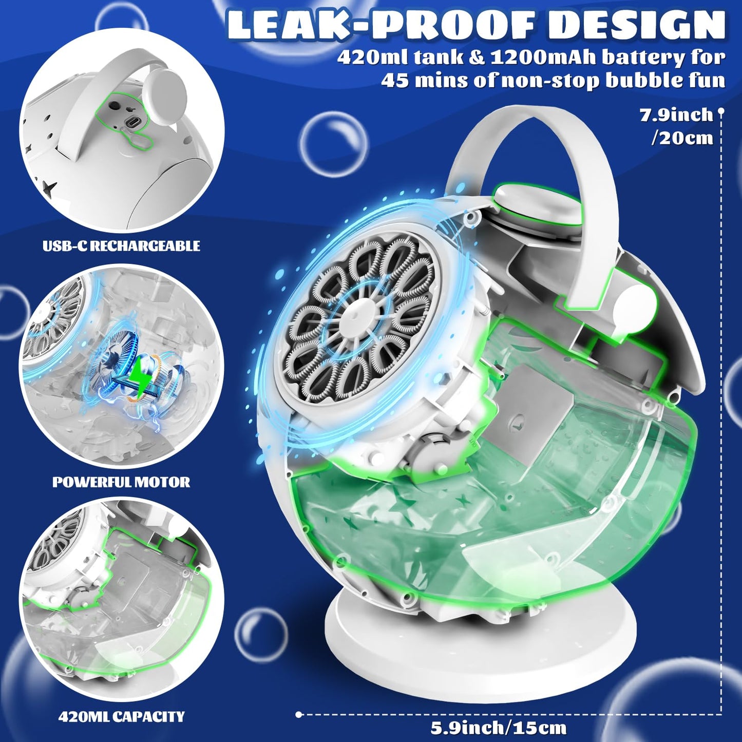 Rechargeable Bubble Machine - Auto 90°/360° Rotation, Remote Control and 7 Colors RGB LED Light, Bubbles Maker Toys for Kids, Bubbles for Wedding Parties, Boys Girls Easter Birthday and Xmas Gift