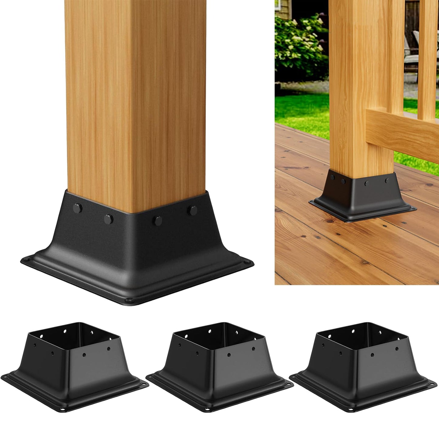 ORIGLE 4x4 Post Base 4Pcs, Internal 3.58"x3.58" Heavy Duty Powder-Coated Steel Post Bracket Fit for Standard Wood Post Anchor, Decking Post Base for Deck Porch Handrail Railing Support