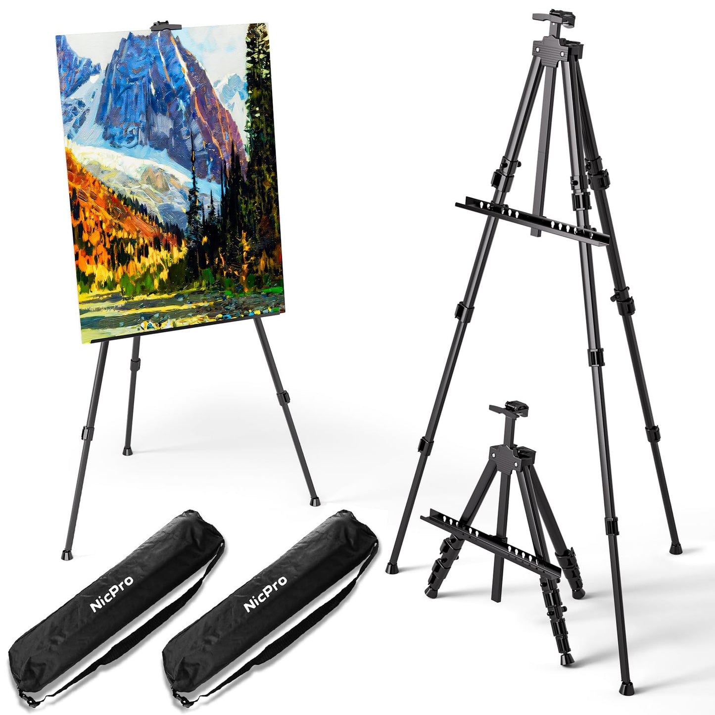 Nicpro 2 Pack Artist Easel Stand, Adjustable Height 17" to 66" Aluminum Metal Tripod Easel for Table Top & Floor, Painting Easel for Display, Posters, Signs Artwork & Trade Exhibitions with Bag- Black