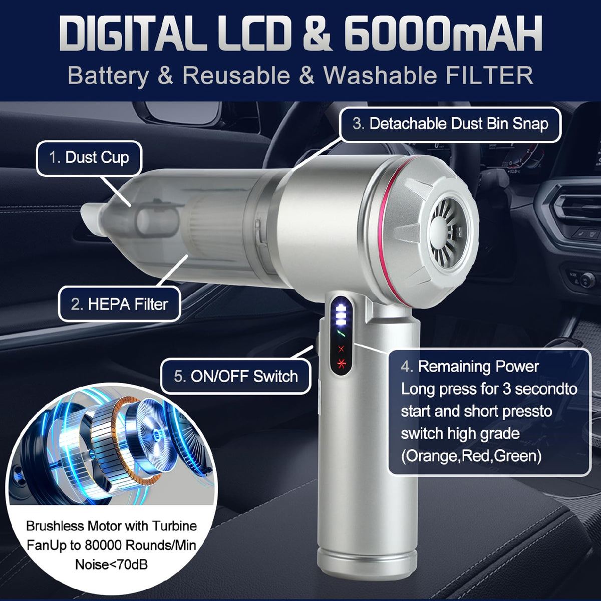 Cordless Car Vacuum Cleaner Handheld Small Vacuum Cleaners 26000PA Powerful Portable USB 3 Modes Mini Vacuum for Home Office car pet Kitchen