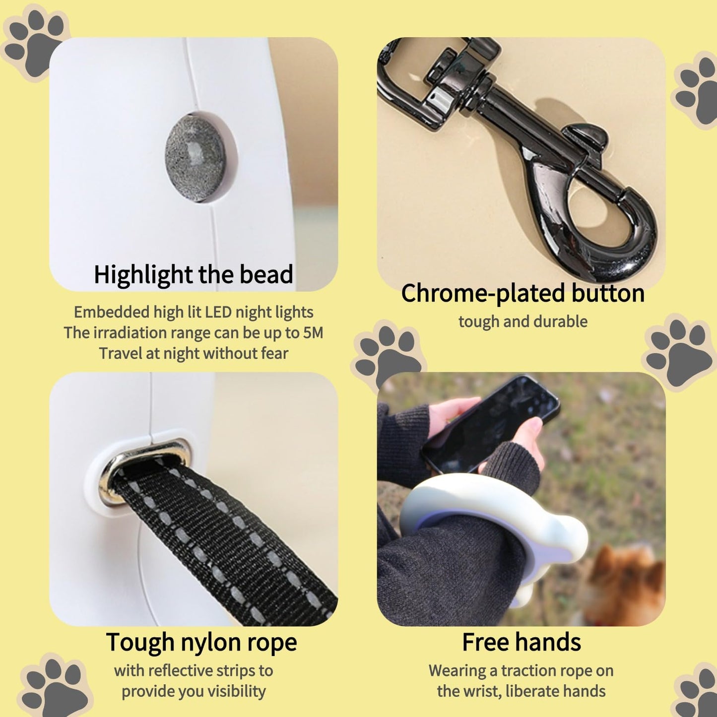 9.84ft/3M Retractable Dog Leash, Nylon Reflective Rope, One-Touch Brake for Anti-Dog Flushing, Night Light, LED Breathing Light, with Poop Bag, for Dogs Weighing up to 66 lbs