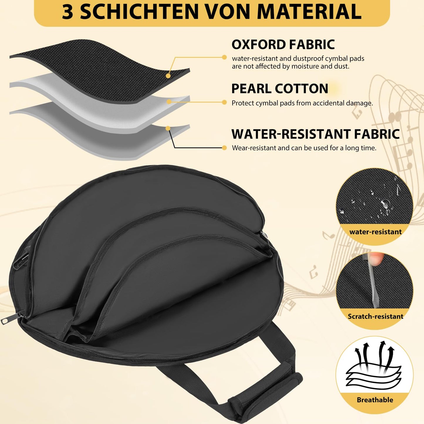 MAYQMAY Professional 22Inch Padded Cymbal Bag/Cases 600D Waterproof Oxford Cloth with 17in Pocket, Black