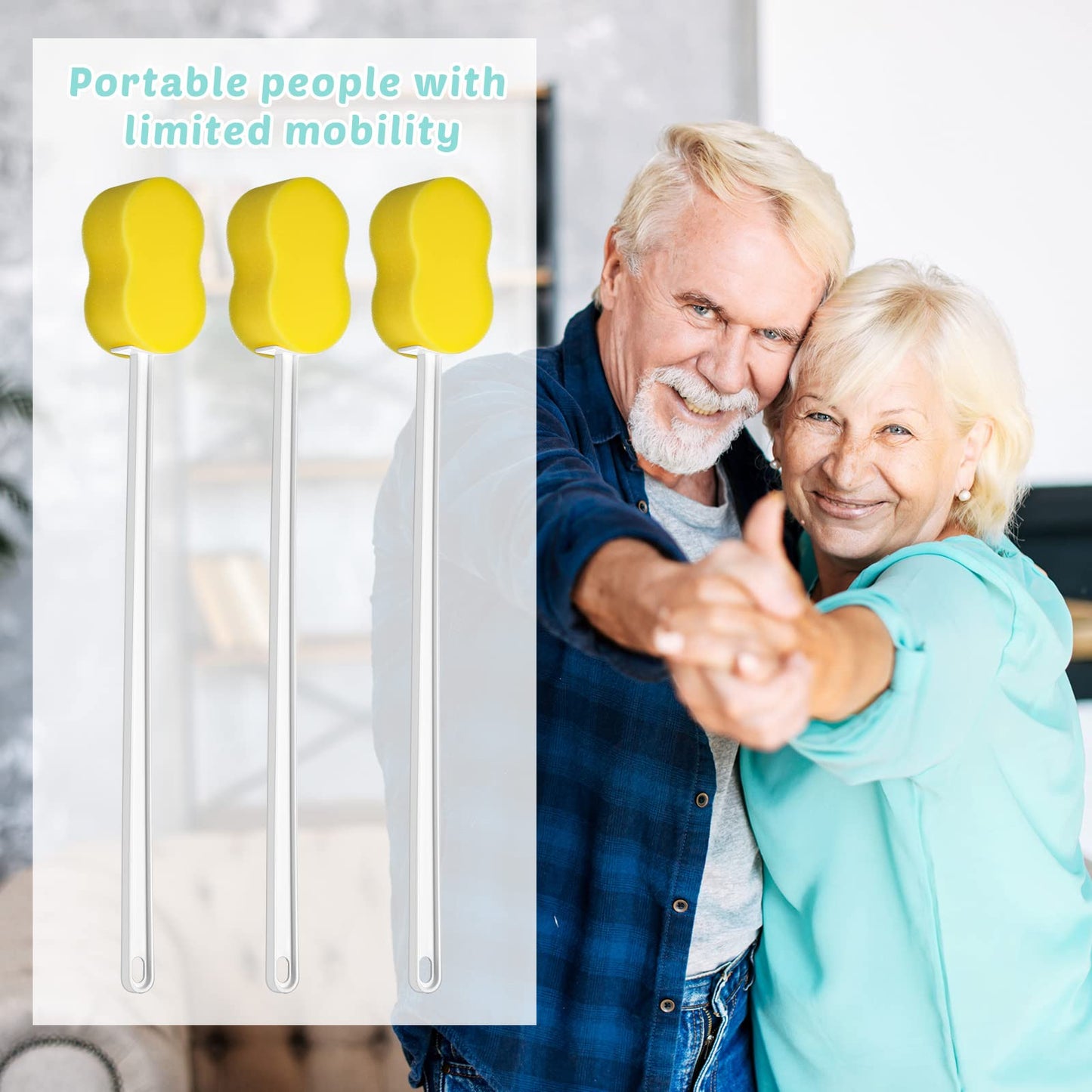 Yetene 3 Pcs Long Handle Bath Sponge 22.4'' Back Sponge on a Stick Lightweight Back Washer Handled Butt Scrubber Shower Brush for Foot Body Cleaning Bathing Limited Motion, Yellow(8-shape Style)