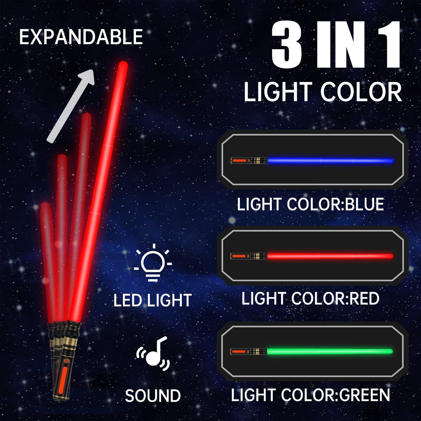 Light Saber for Kids, KEGOZ 3 Packs 3 Colors Light Sword with FX Sound (Motion Sensitive) and Glowing Handle, Expandable Light Sabers Set for Halloween Xmas Children's Day Gifts