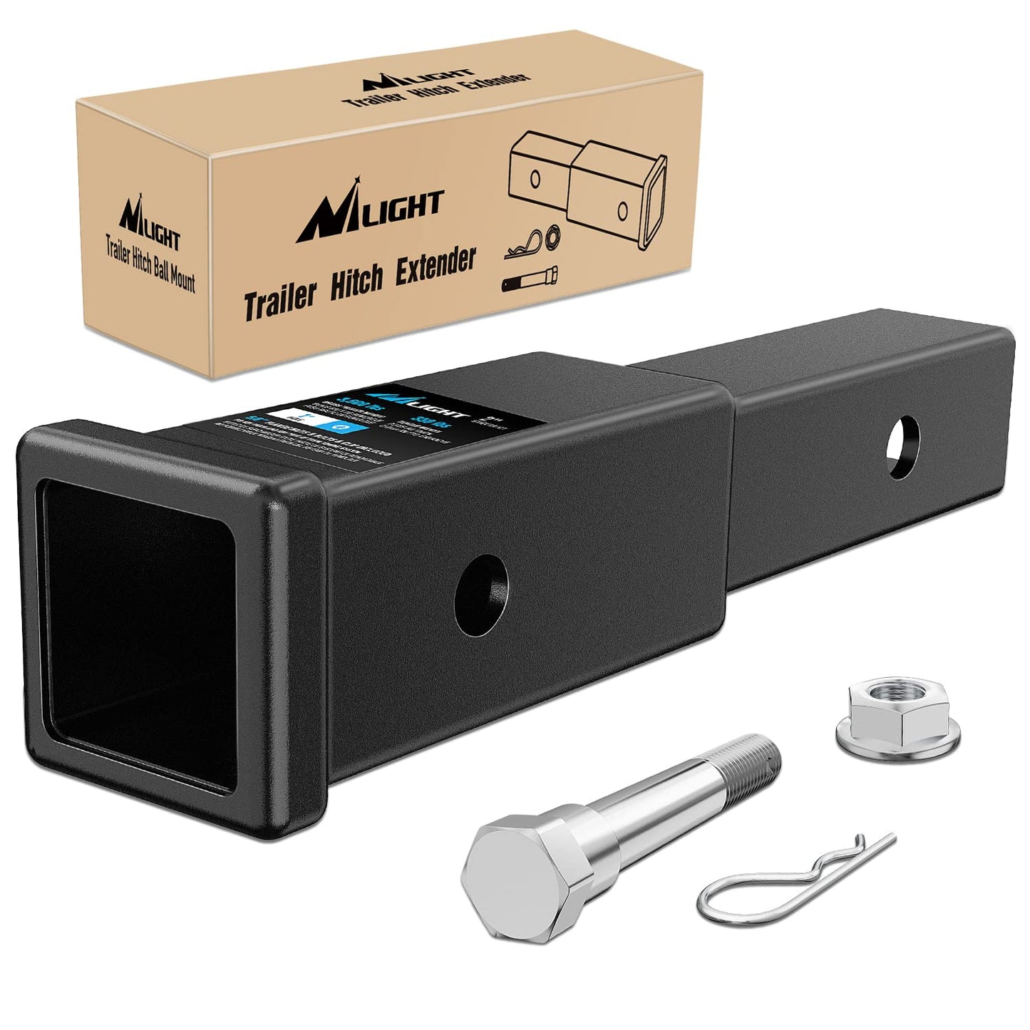 Nilight Trailer Hitch Extender 7 inch Extension Length Fits for 2" Receiver Tube with 5/8 inch Stainless Steel Bolt Flange Nut and Clip 3,500 lbs GTW Matte Black