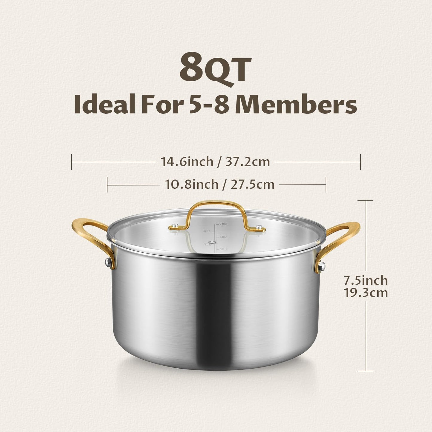 BEZIA 8 Quart 3-Ply Stainless Steel Stockpot, Soup Pot with Lid in Fully Clad Tri-Ply Stainless Steel, Even Heat Distribution, Cooking Pot with Handles, All Cooktops Compatible, Perfect for Stew
