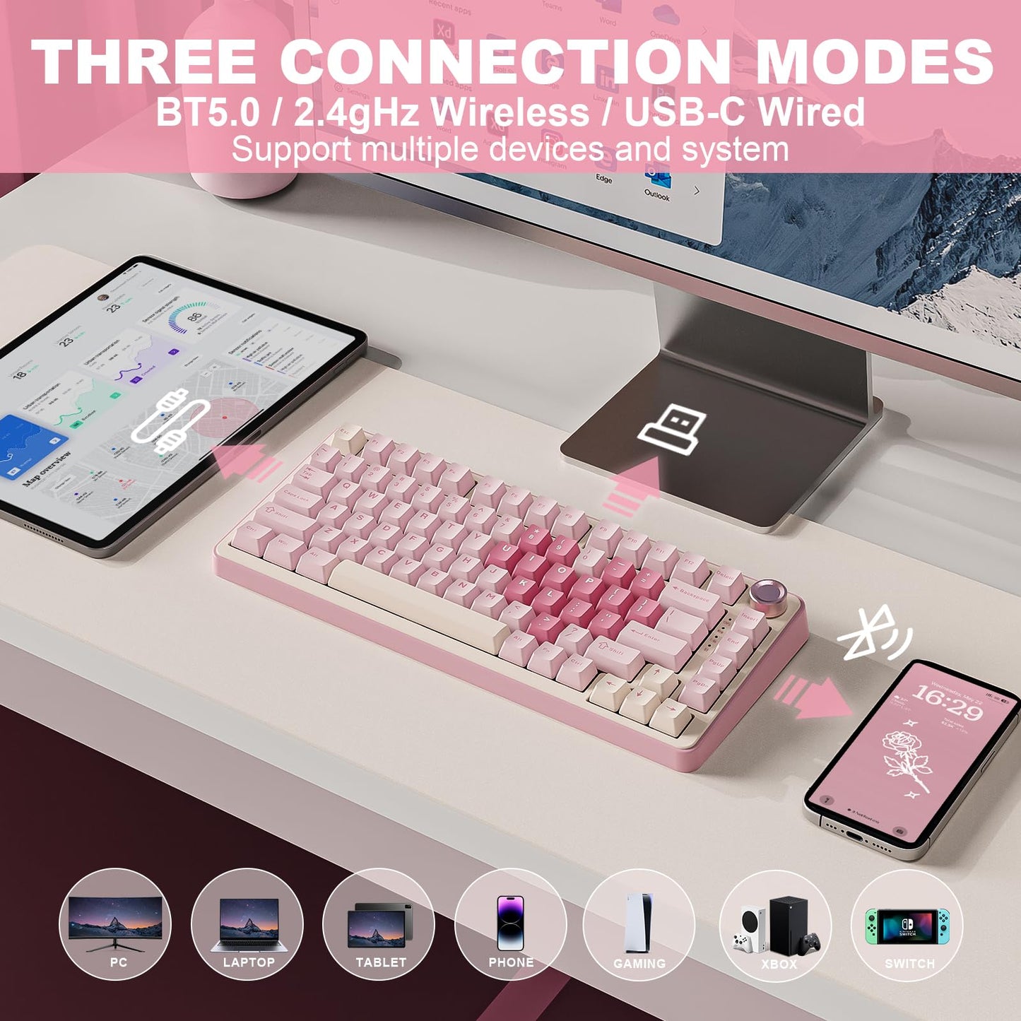 YUNZII B75 PRO Wireless Mechanical Keyboard,75% Gaming Keyboard Gasket Hot Swap Custom Keyboard with Knob,Pre-lubed Switches RGB,Bluetooth/Type-C/2.4G (Pink, Cocoa Cream V2 Switch)
