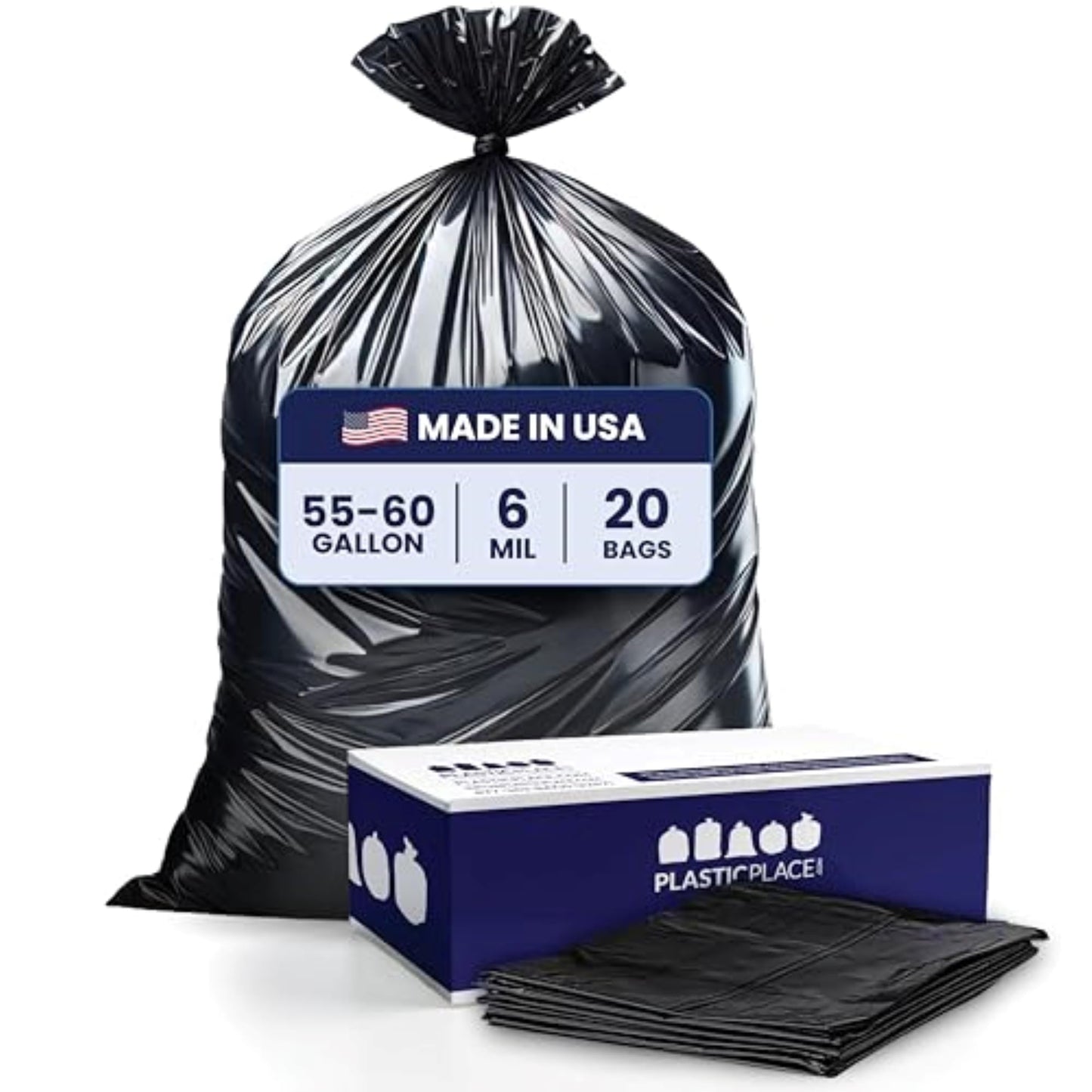 Plasticplace Contractor Trash Bags 55-60 Gallon │ 6.0 Mil │ Black Heavy Duty Garbage Bag │ 36” x 58” (20 Count)