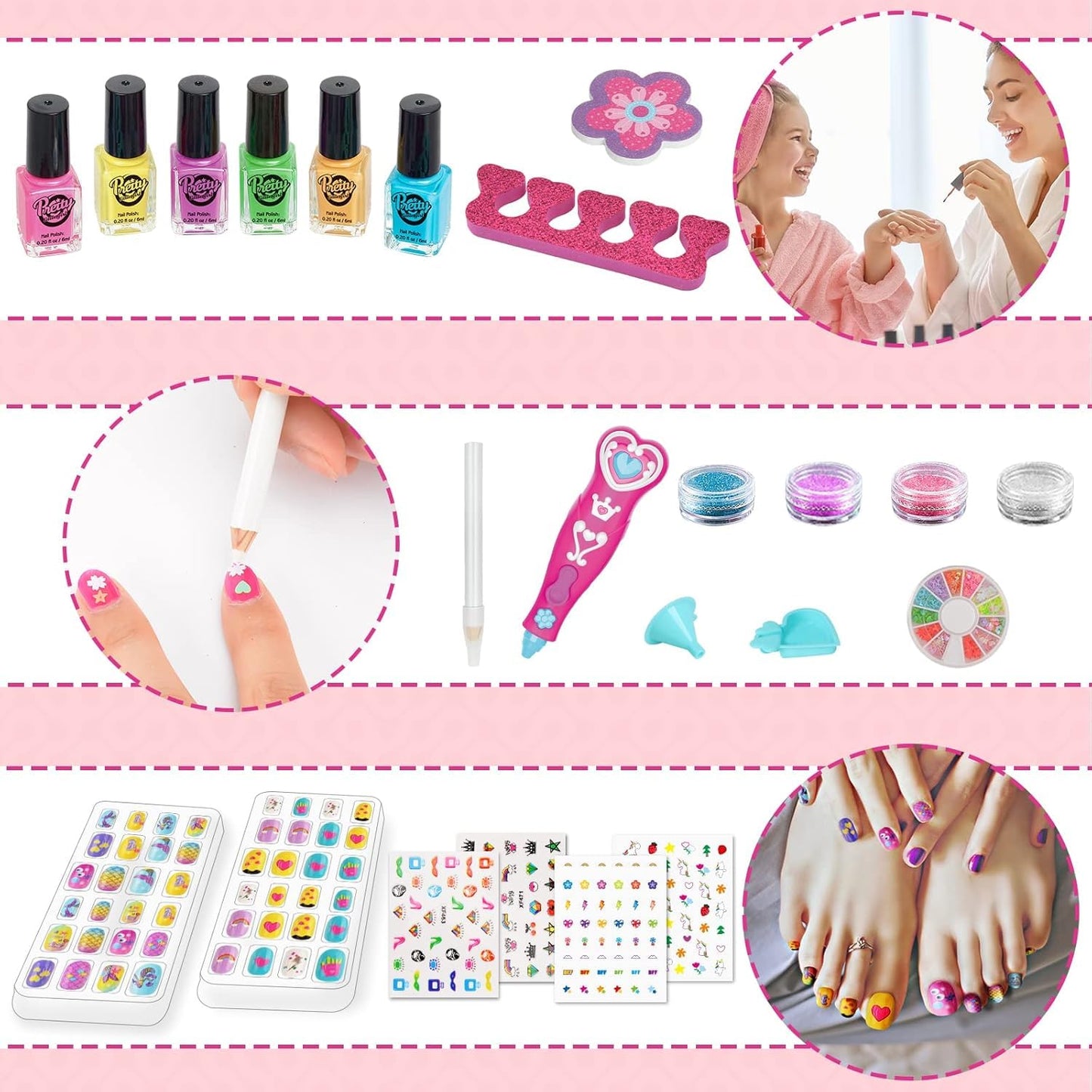 Kids Nail Polish Set for Girls, Nail Art Kits with Nail Dryer & Glitter Pen, Quick Dry & Peel Off & Non-Toxic Nail Polish, Christmas Birthday Gifts for Girls Ages 6 7 8 9 10 11 12