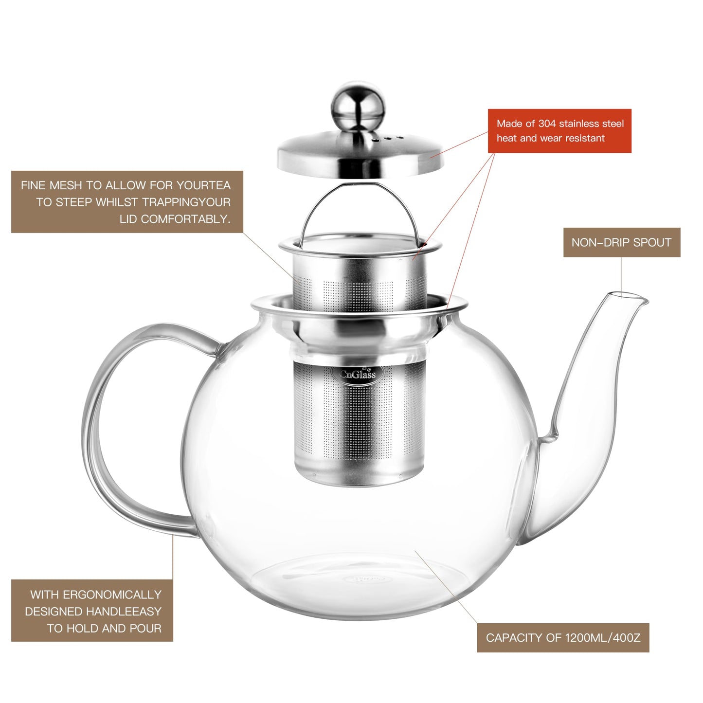 CNGLASS 40oz Glass Teapot with Removable Infuser,Clear Tea Kettle Stovetop Safe,Blooming and Loose Leaf Tea Maker Set
