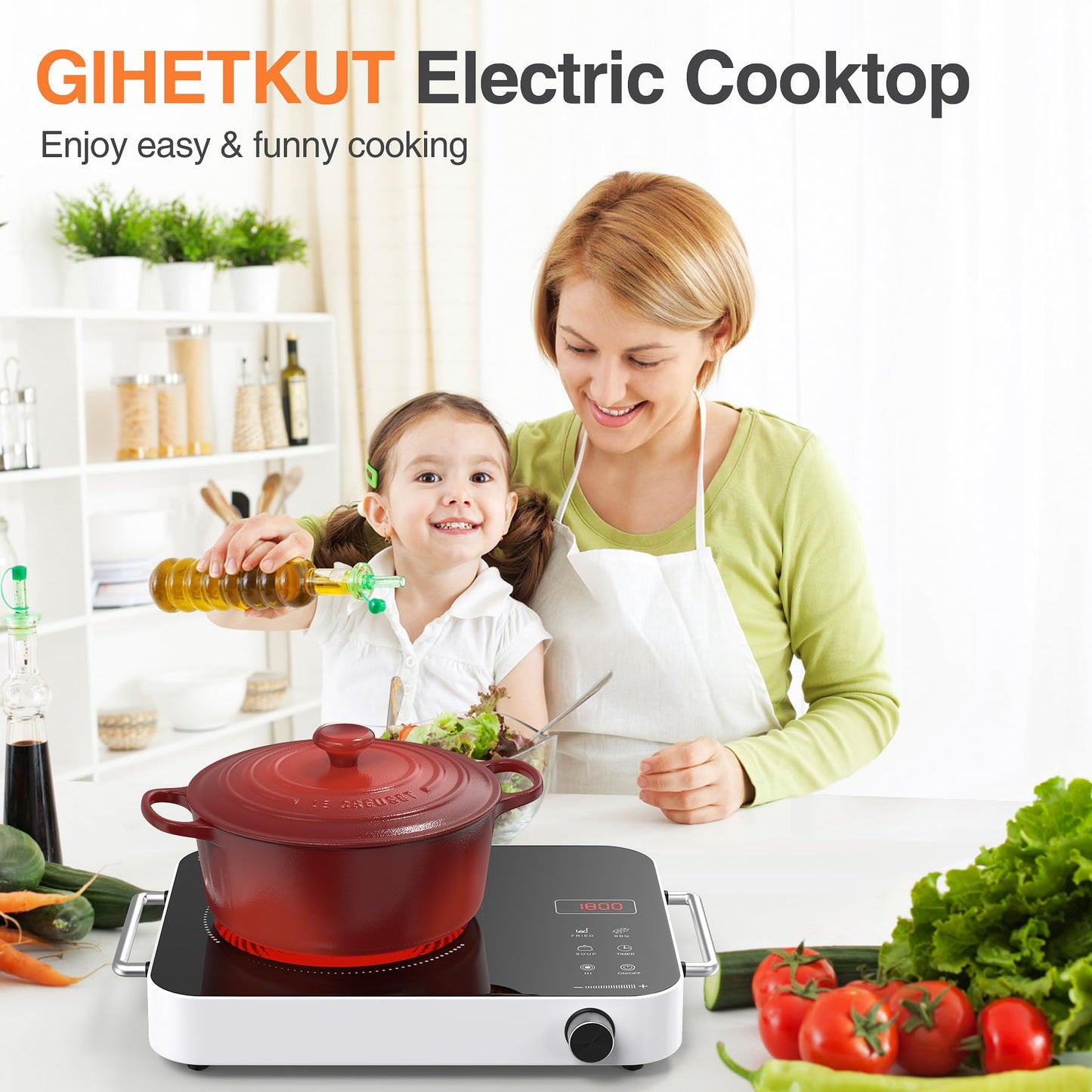 GIHETKUT Electric Cooktop Single Burner, 1800W 110V Electric Stove Top with Knob Control, Portable Induction Cooktop with 2 Handle, Hot plate with Double Ring Heating, 4 hours Timer