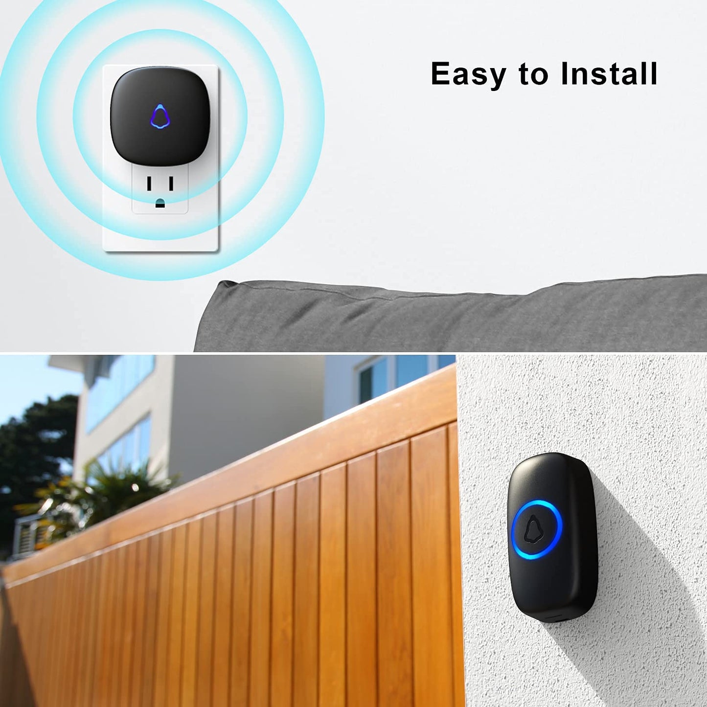 SECRUI Wireless Doorbell, Waterproof Mini Doorbell 1,000ft Range Loud Enough with 5 Volume Levels Door Chimes, 58 Ringtones & Colorful LED Flashing-with 2 Receivers and 2 Push Buttons(Black)