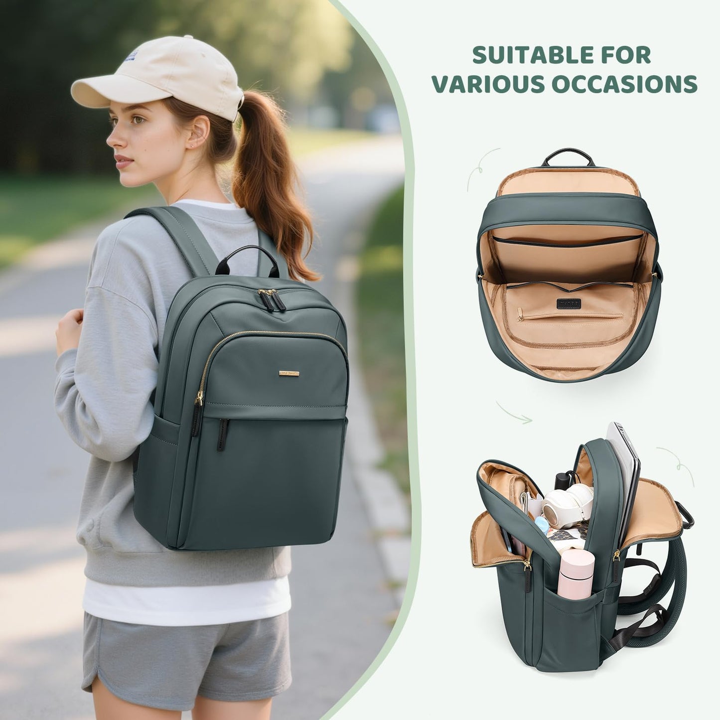 GOLF QUALITY Hiking Travel Backpack for Women Casual Business Weekender Multilayer Laptop Bag,16 Inch,DarkGreen