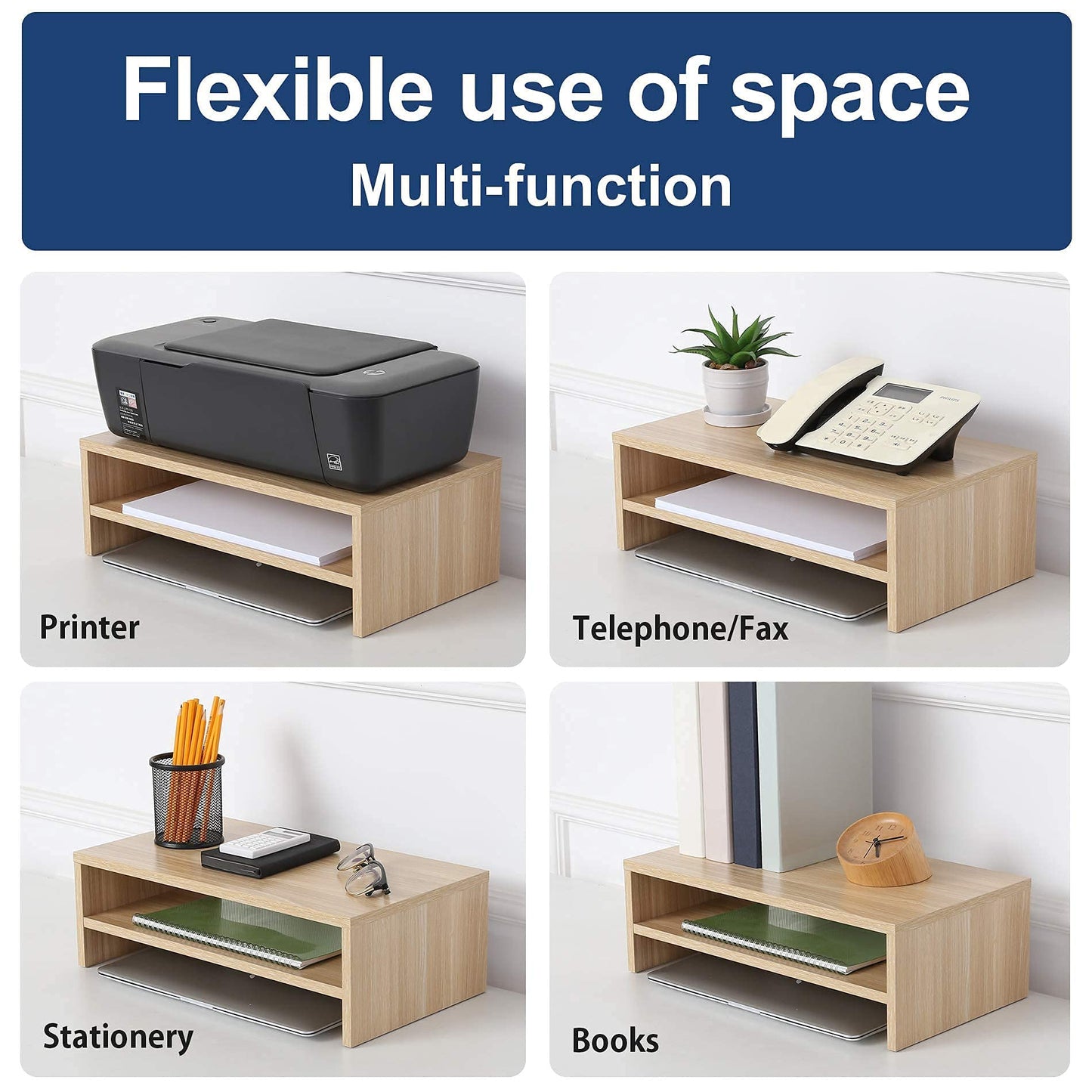 FITUEYES Computer Monitor Stand 16.7 inch 2 Tiers Laptop Riser with Storage Shelf Wooden Desk Organizer for Home Office Use (Oak)