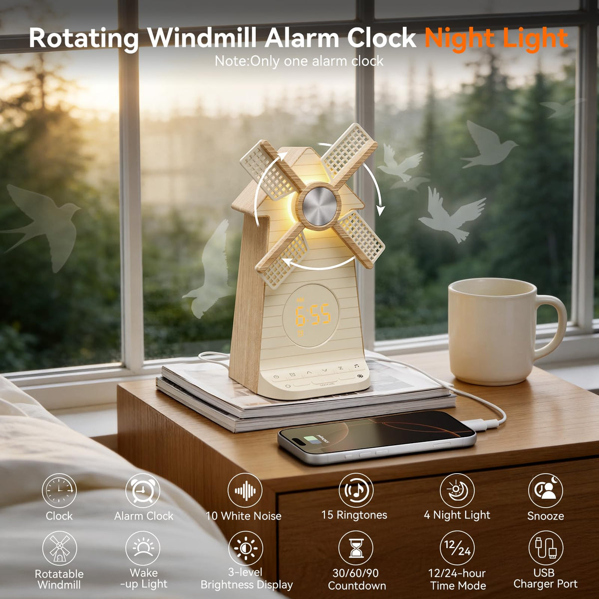 RETEYUNG Alarm Clock with Rotating Windmill,Sound Machine with Wake up Light,Snooze,10 Nature Sounds & 10 White Noises,15 Ringtones,USB Charging,4-Tier Dimmer,12 Volume,30/60/90 Timer for Kids Adults
