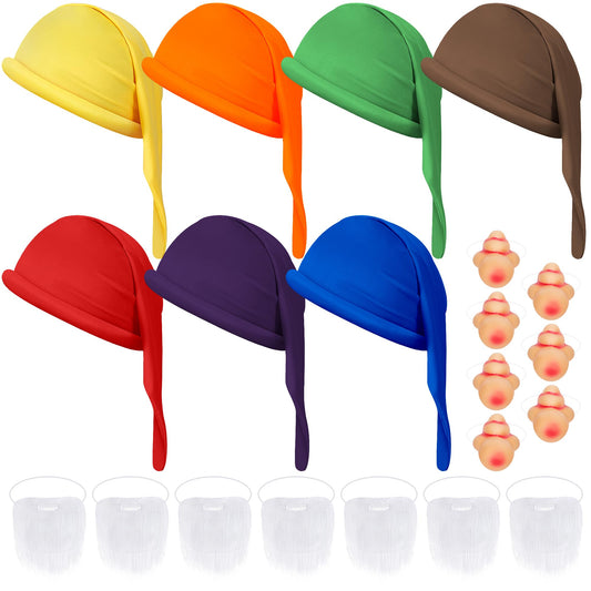 21Pcs Halloween Dwarf Costume Accessories, Colorful Dwarf Hats Set with Large Nose and White Beard,Christmas Cosplay Party