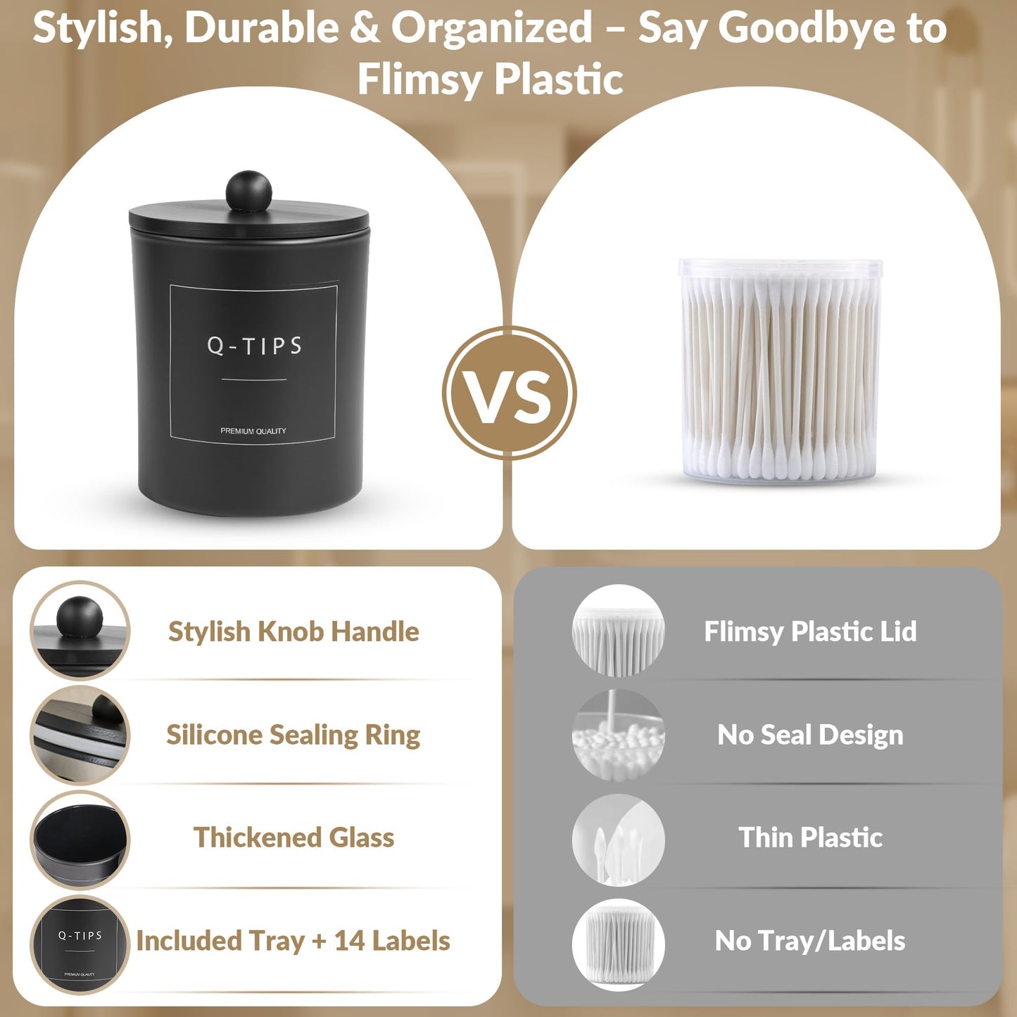 3 Pack Qtip Holder Dispenser - Glass Apothecary Jars with Bamboo Lids, Cotton Ball Pad Swab Round Holder, Floss Pick Containers, Bathroom Organizers with Tray & 14 Labels - Matte Black
