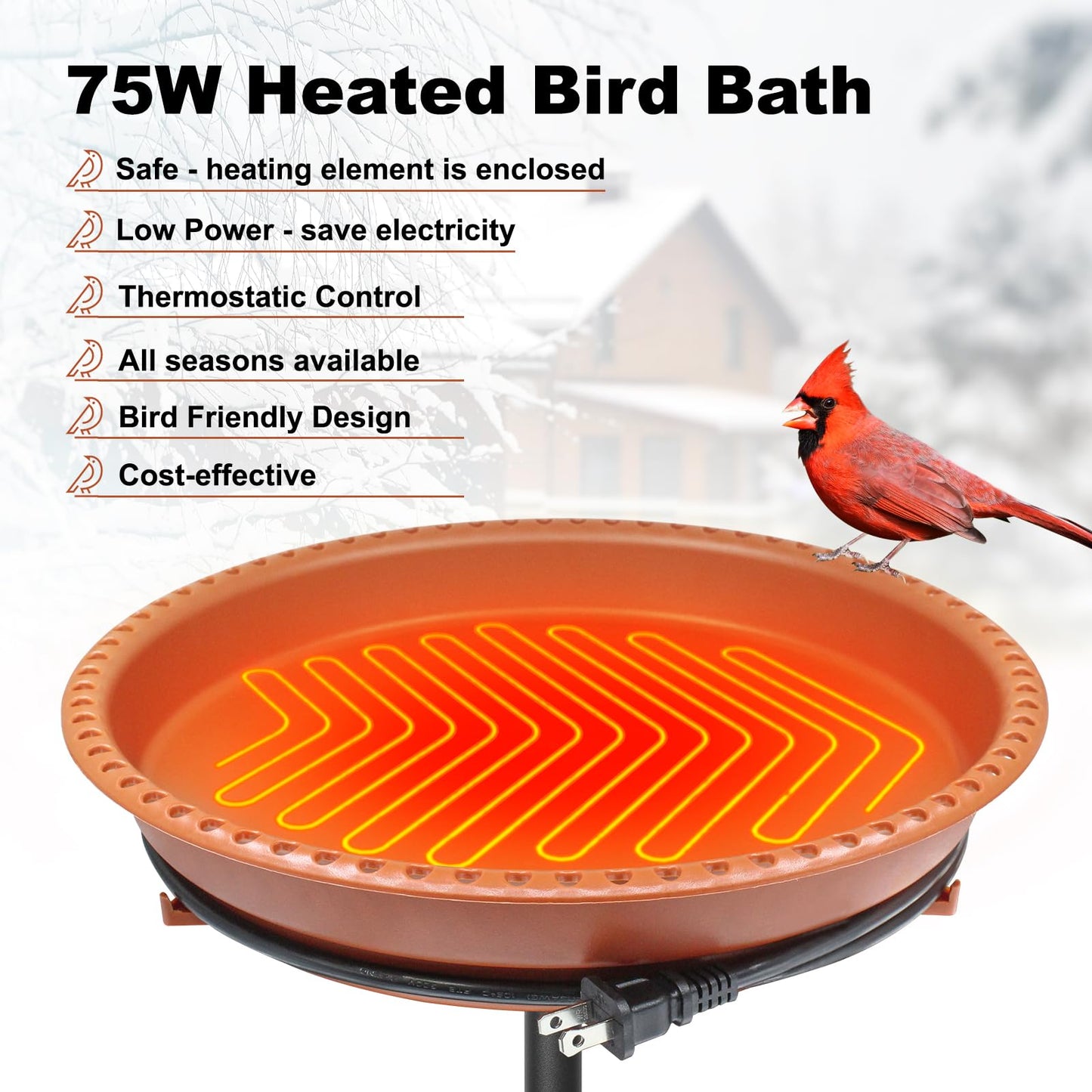 BIRD WISH Heated Bird Bath, Stable 5-Prong Metal Base Thermostat Control Weather Resistance All Seasons Available 75W Heated Bird Baths for Outdoors for Winter Garden Yard Patio Lawn, Terracotta