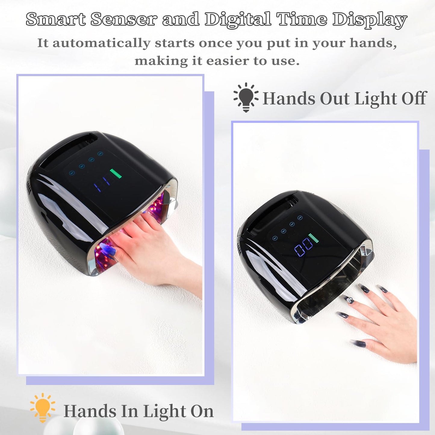 BOMOQING 96W Rechargeable UV Nail Lamp, Cordless UV Light for Nails with LCD Display Auto Sensor, 4 Timer Setting and Smart Sensor Portable Nail Dryer, Nail Curing Light with Removable Bottom (Black)