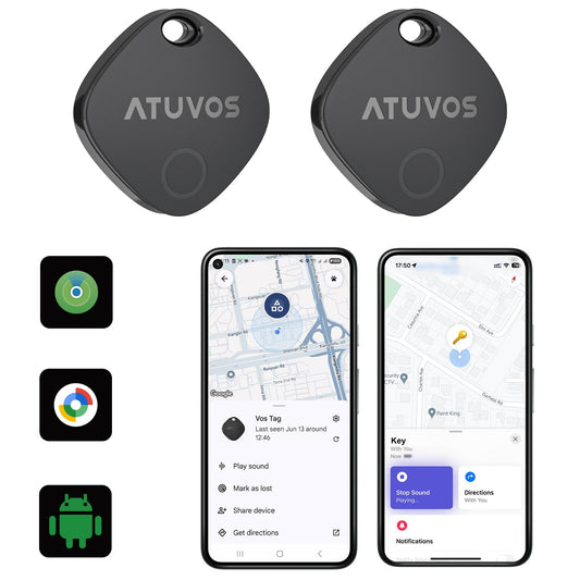 ATUVOS Dual System Air Tracker Tag Pro 2 Pack, Smart Key Finder Works with Android Google Find Hub or iOS Apple Find My APP (Huawei not Supported), Bluetooth Item Locator for Luggage, Suitcase, Bags.