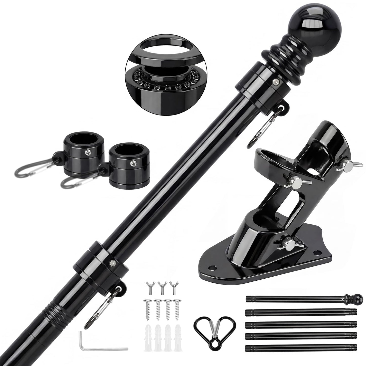 SEEKNEW Black Flag Pole for Outside House, 6 FT Stainless Steel No Tangle Spinning Residential Flagpoles & Two-Position Flag Pole Holder Brackets Mounting for Outdoor Flags for Porch(Without Flag)