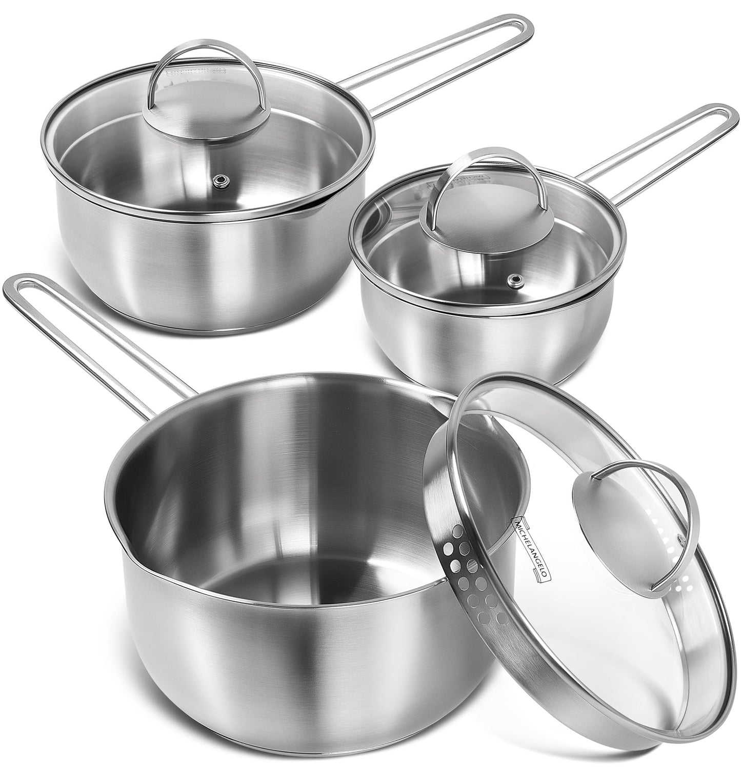MICHELANGELO Stainless Steel Saucepan Set with Lid & Pour Spout 1QT & 2QT & 3QT, Tri-Ply Bottom Sauce Pan Set, Sauce Pot Set - 6 Pcs