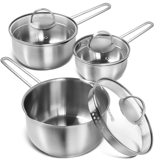MICHELANGELO Stainless Steel Saucepan Set with Lid & Pour Spout 1QT & 2QT & 3QT, Tri-Ply Bottom Sauce Pan Set, Sauce Pot Set - 6 Pcs