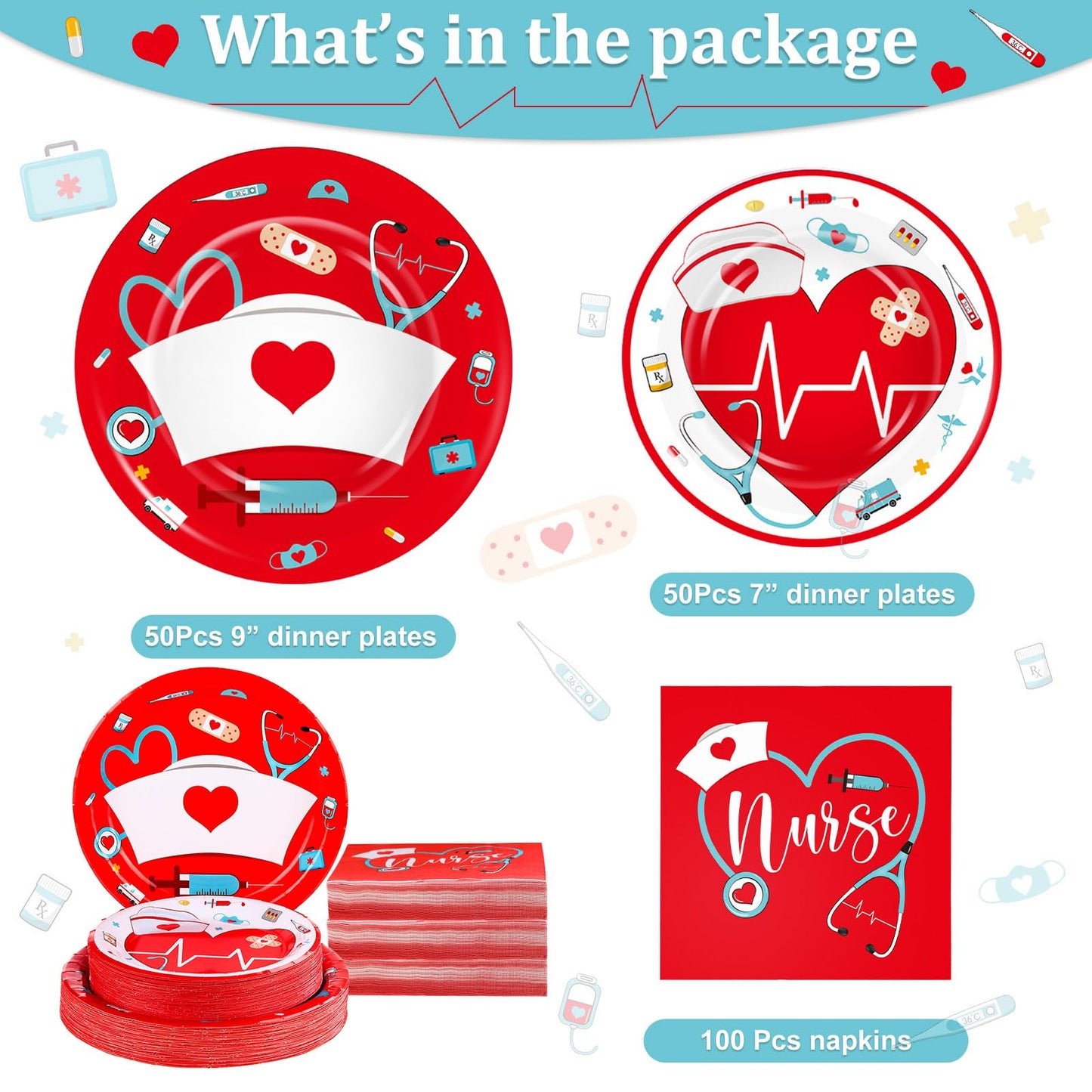 200 Pcs Graduation Nurse Party Decorations Doctor Nurse Week Party Plates Include 9 Inch 7 Inch Paper Disposable Plates Lunch Napkin Medical Birthday Party Tableware Set for Nursing School(Red)