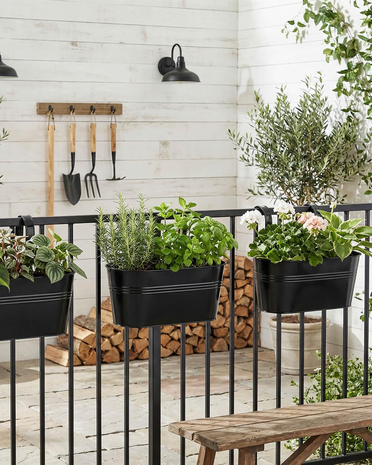vensovo Metal Railing Planter for Outdoor Plants - 5 Pack Balcony Hanging Planter Box with Detachable Hooks and Drain Holes Oval Hanging Pots Fence Planters for Railing Garden Fence, Black