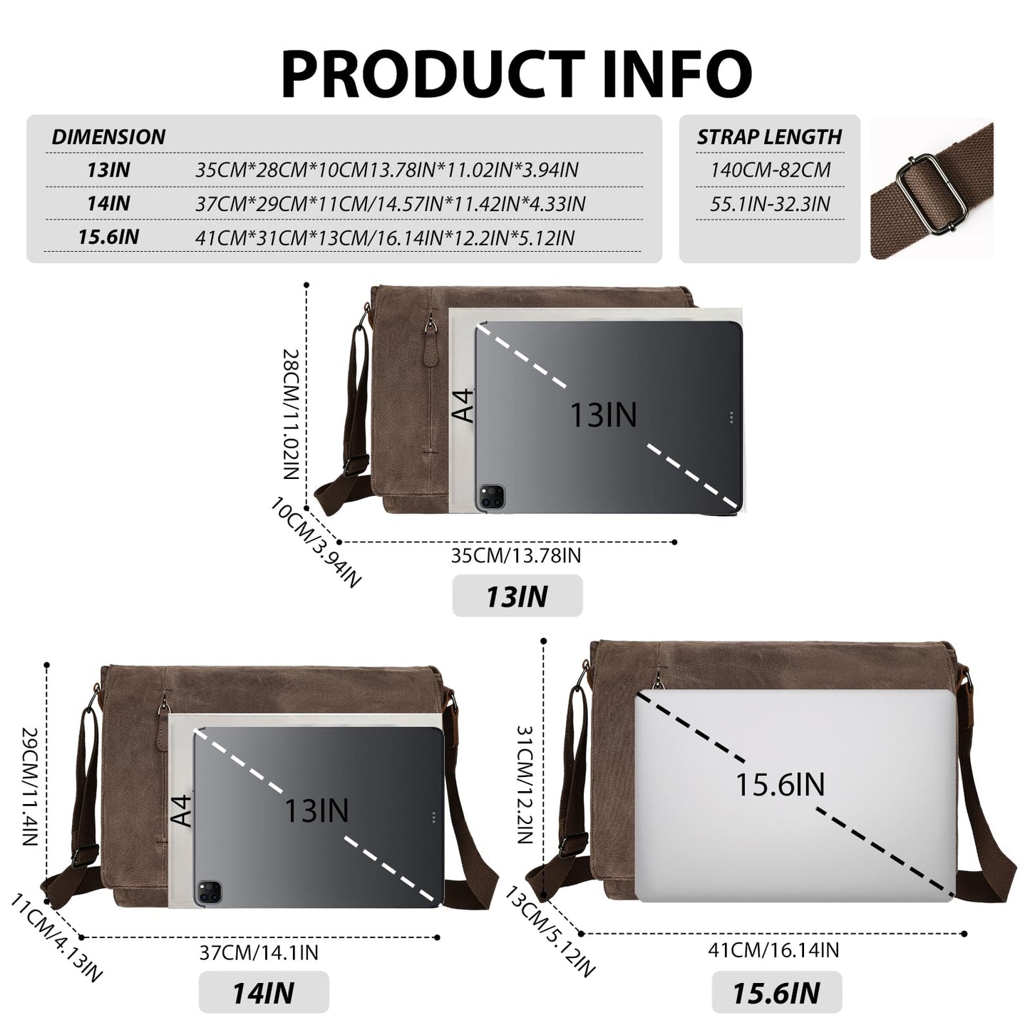 Leathario Messenger Bag, 13 14 15.6 inch Laptop Bags, Lightweight Crossbody Bag, Computer Shoulder Bag for Men Women, Waxed Canvas
