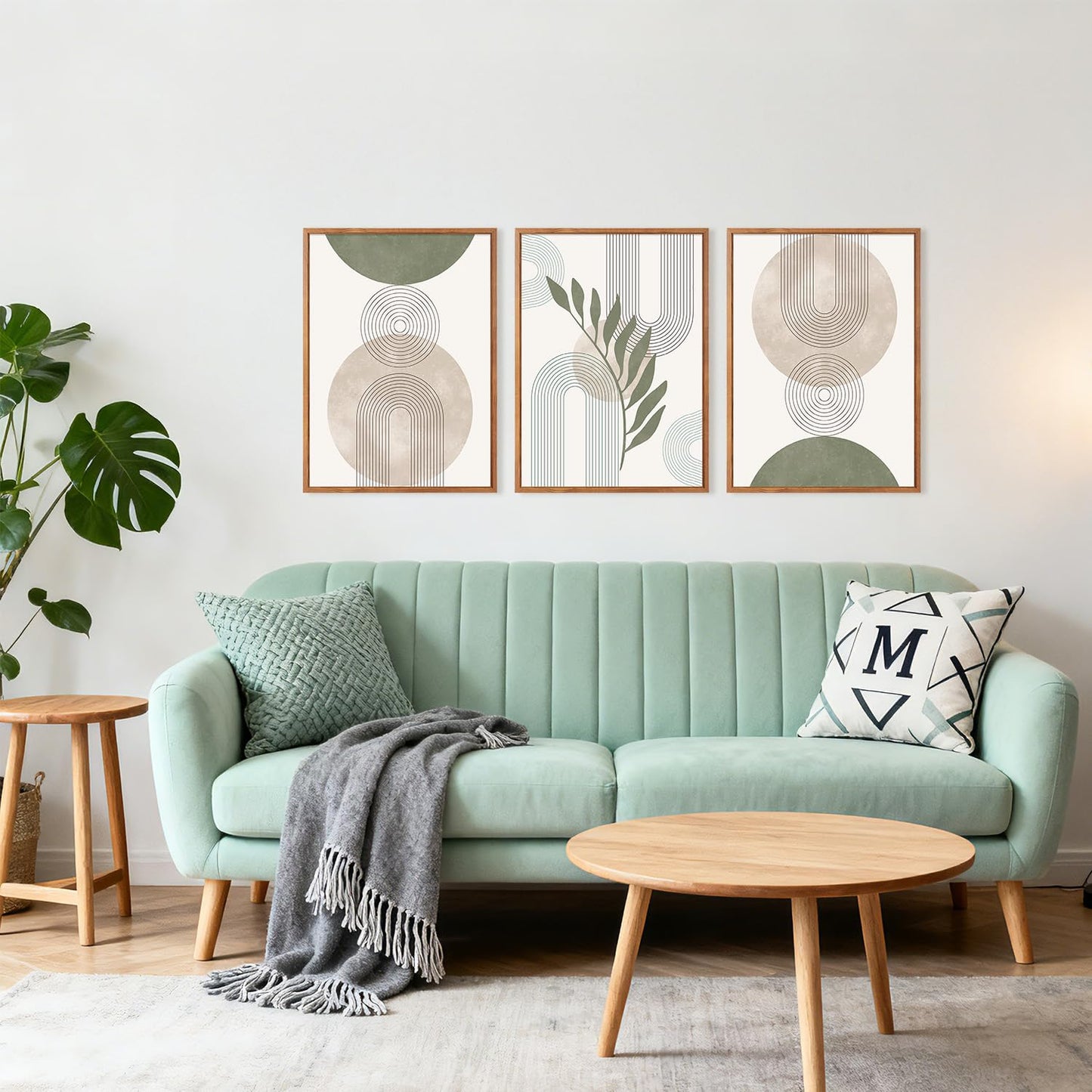 HPINUB Sage Green Boho Framed Canvas Wall Art Set, (Set of 3,12X16 Inch) Minimalist Beige Green Botanical Wall Decor, Abstract Geometric Line Leaf Painting for Living Room,Bedroom,Office Decor