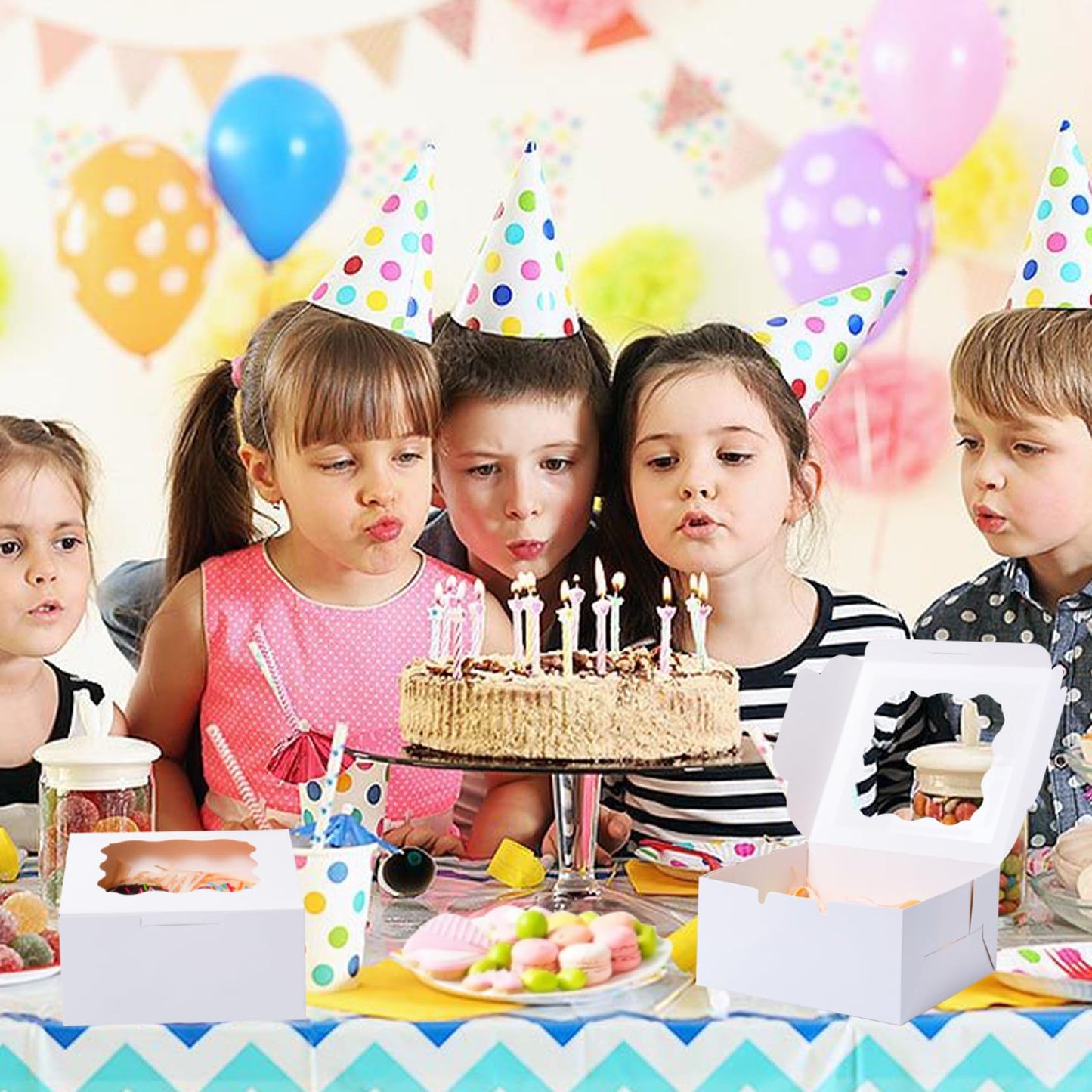 100 Pcs White Bakery Boxes with Window, 6x6x3 inches Cookie Boxes Macaroon Boxes Small Treat Boxes Mini Cake Boxes for Dessert, Pastry, Sturdy Take Out Container for Party Wedding Favor