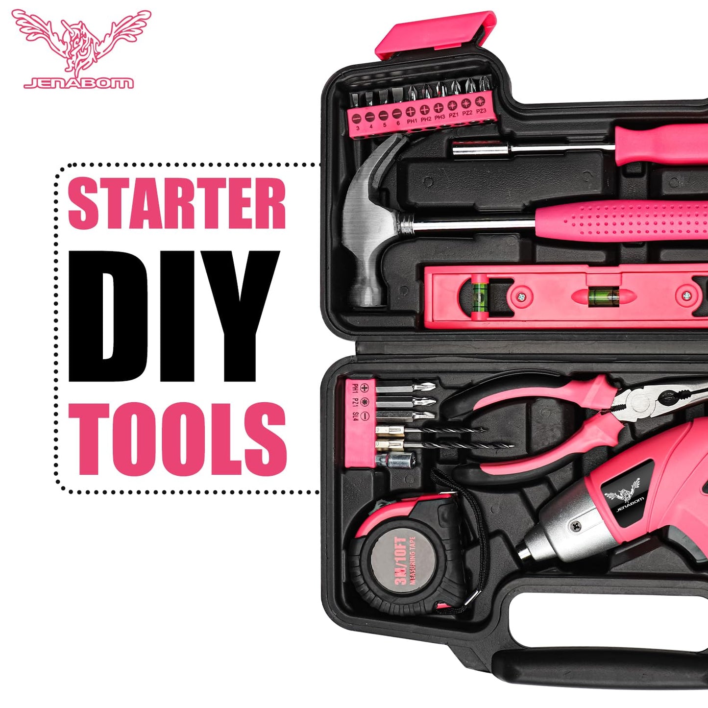JENABOM Pink 112pcs Electric Screwdriver Tool Set, Home Tool Kit with 3.6V Small Power Cordless Screwdriver for Women