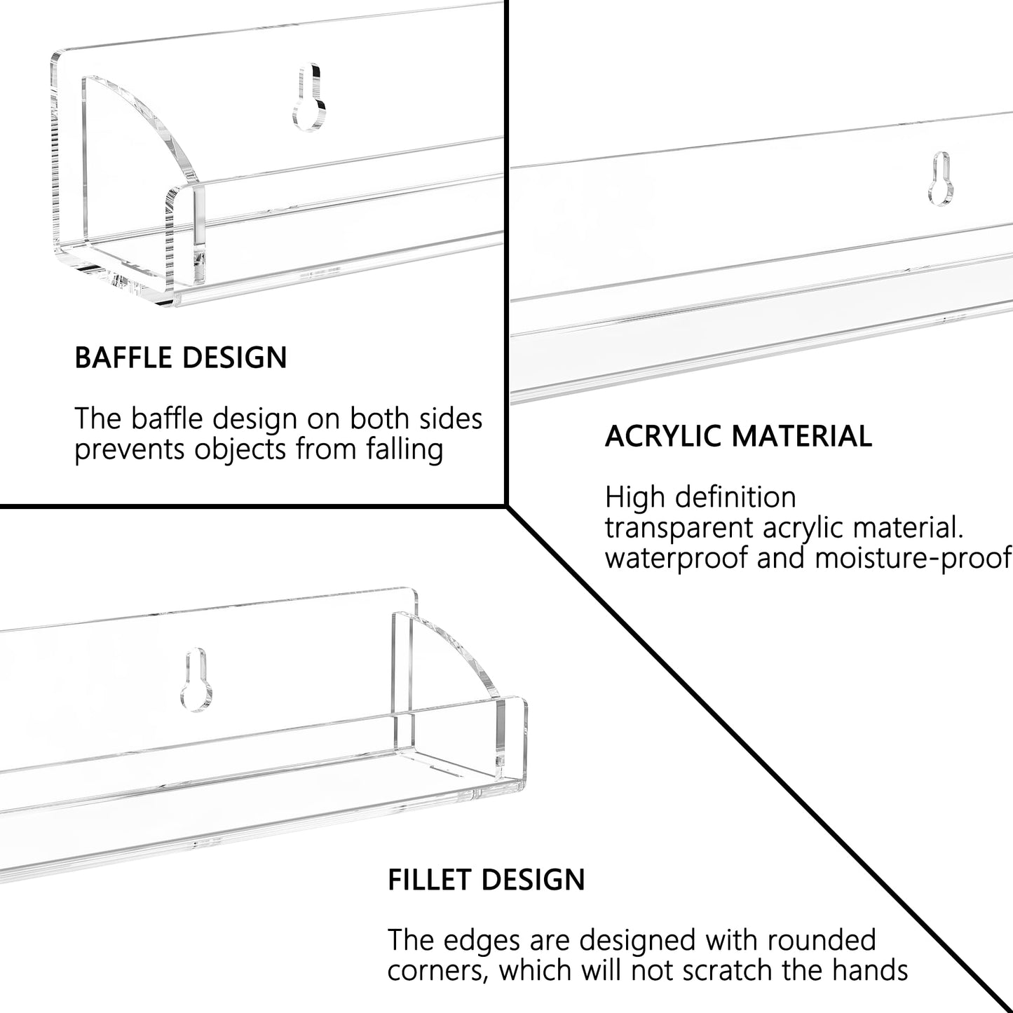 Hexsonhoma 30 Inch Clear Nail Polish Wall Rack with Removable End Caps Set of 6, Acrylic Wall Shelf Bookshelf, Fall-Proof Nail Polish Sorage Shelves for 180 Bottles