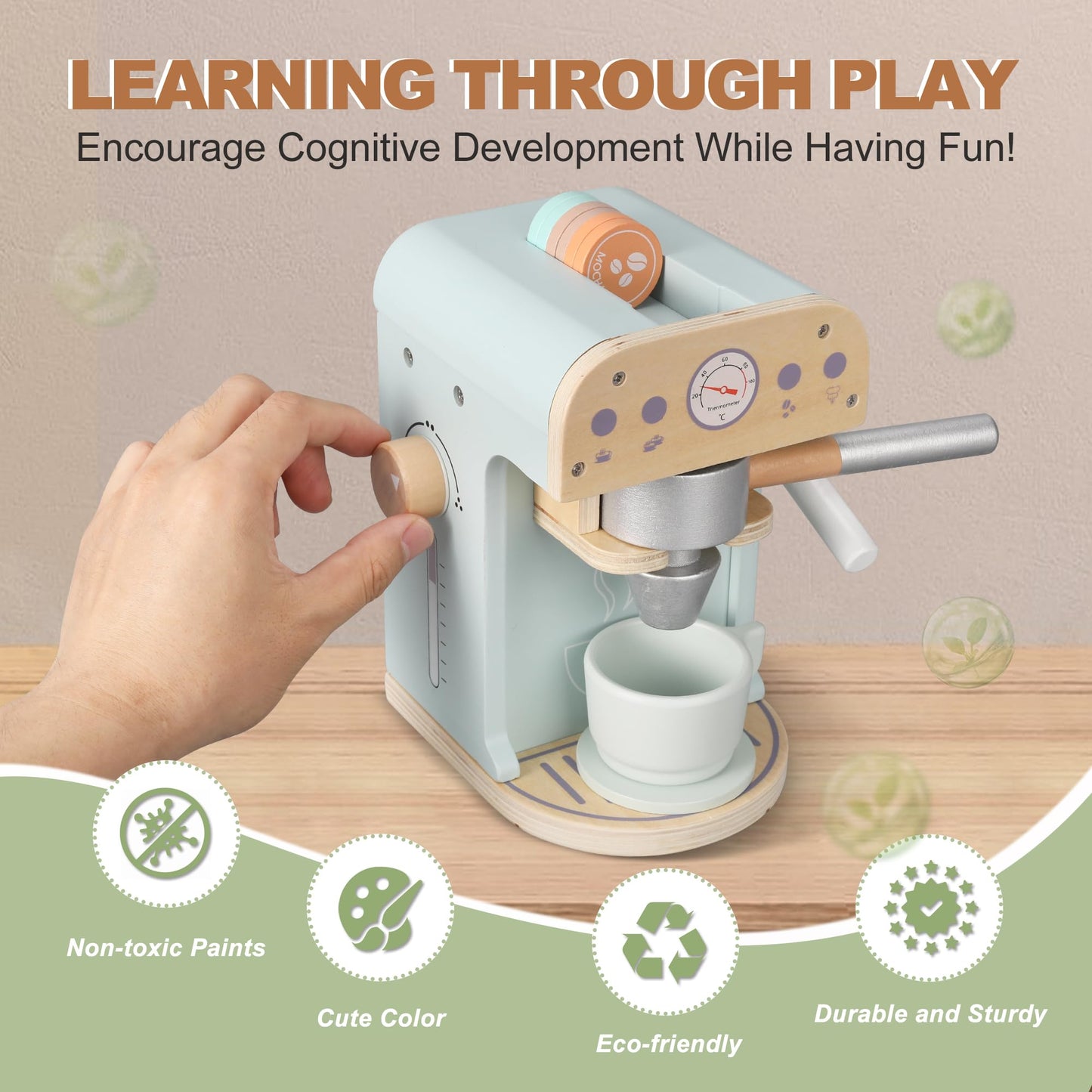 Pithfor Kids Wooden Coffee Maker Toy, Wooden Play Kitchen Appliances & Accessories Toy for Kids Toddlers, Gift for Girls Boys