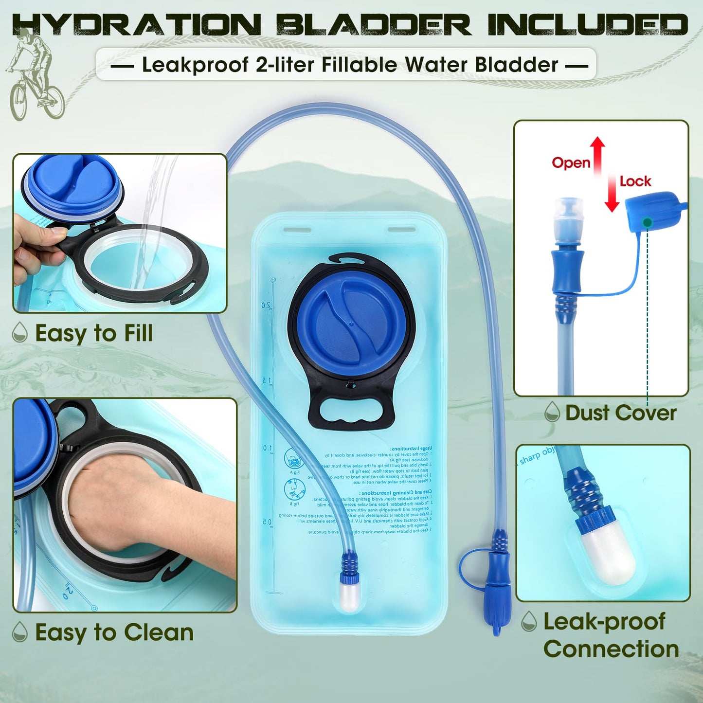 Hydration Backpack with 2L Water Bladder, Lightweight Water Backpack for Women&Men Small Insulated Hiking Backpacks with Rain Cover 18L Hydration Pack for Hiking, Running, Cycling, Biking,Black